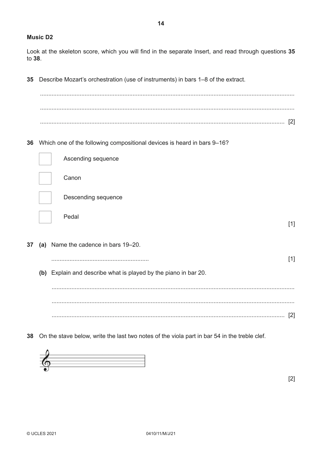 Cambridge IGCSE Music 0410 2021 May/June Paper 1 · Variant 1 question paper, page 14 of 16