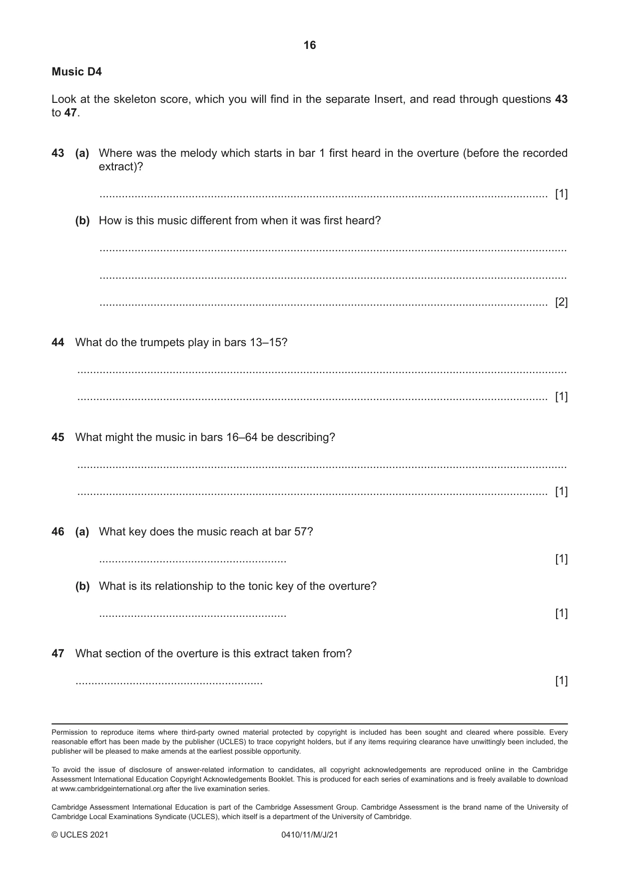 Cambridge IGCSE Music 0410 2021 May/June Paper 1 · Variant 1 question paper, page 16 of 16