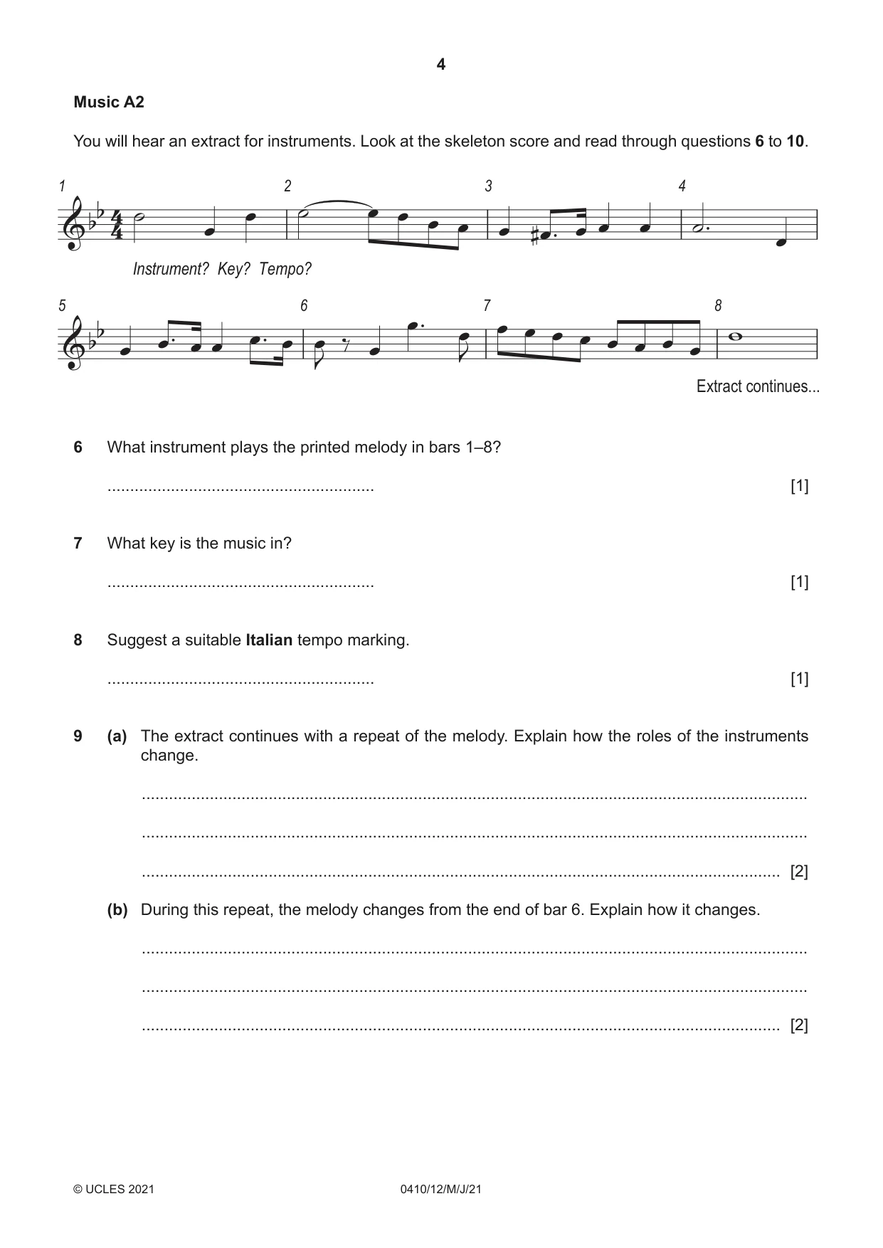 Cambridge IGCSE Music 0410 2021 May/June Paper 1 · Variant 2 question paper, page 4 of 16