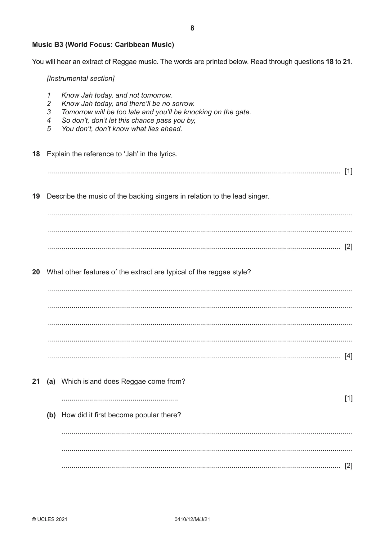 Cambridge IGCSE Music 0410 2021 May/June Paper 1 · Variant 2 question paper, page 8 of 16