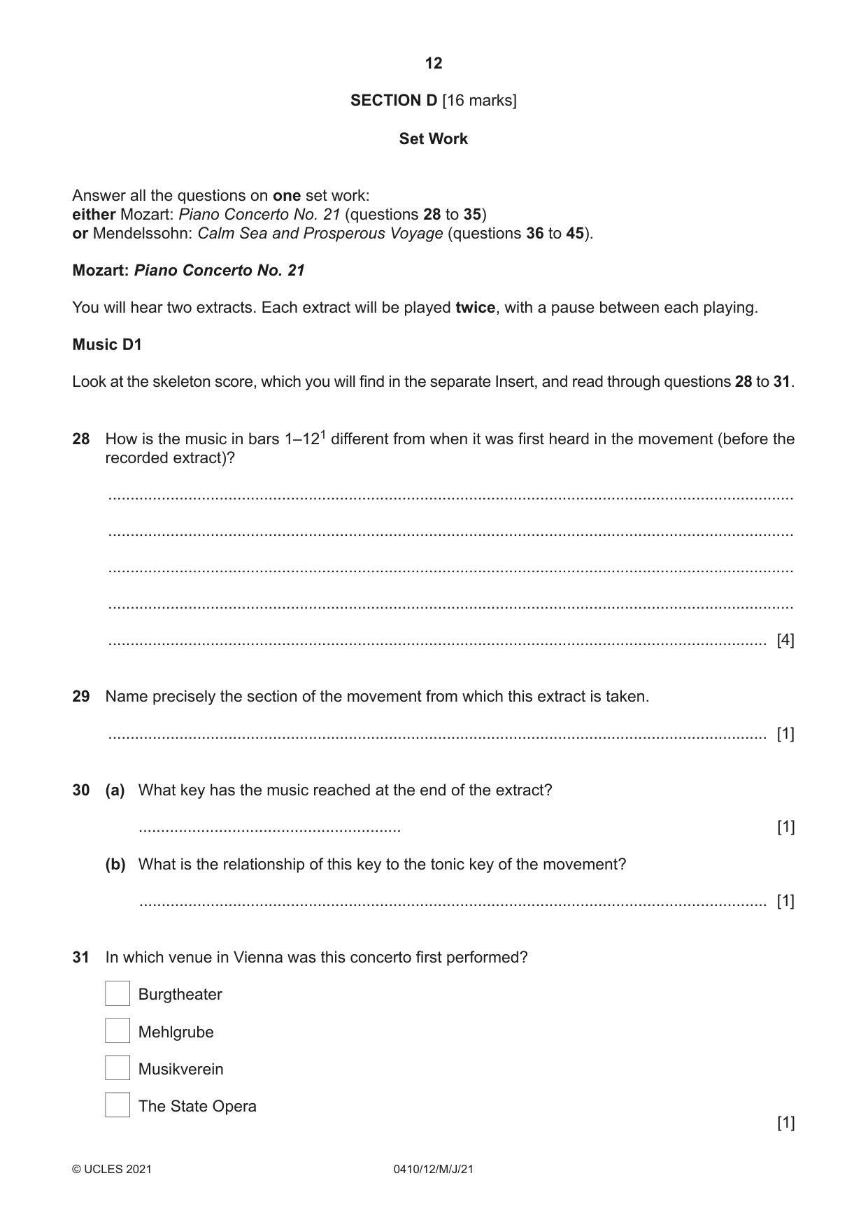 Cambridge IGCSE Music 0410 2021 May/June Paper 1 · Variant 2 question paper, page 12 of 16