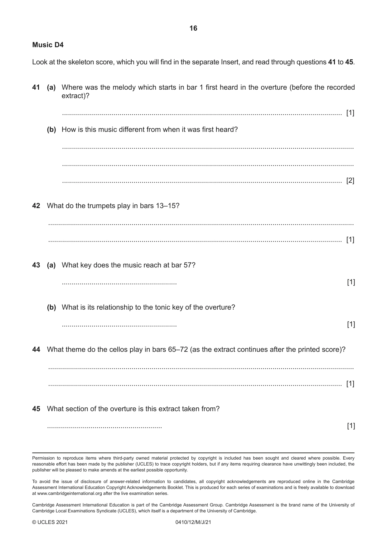 Cambridge IGCSE Music 0410 2021 May/June Paper 1 · Variant 2 question paper, page 16 of 16