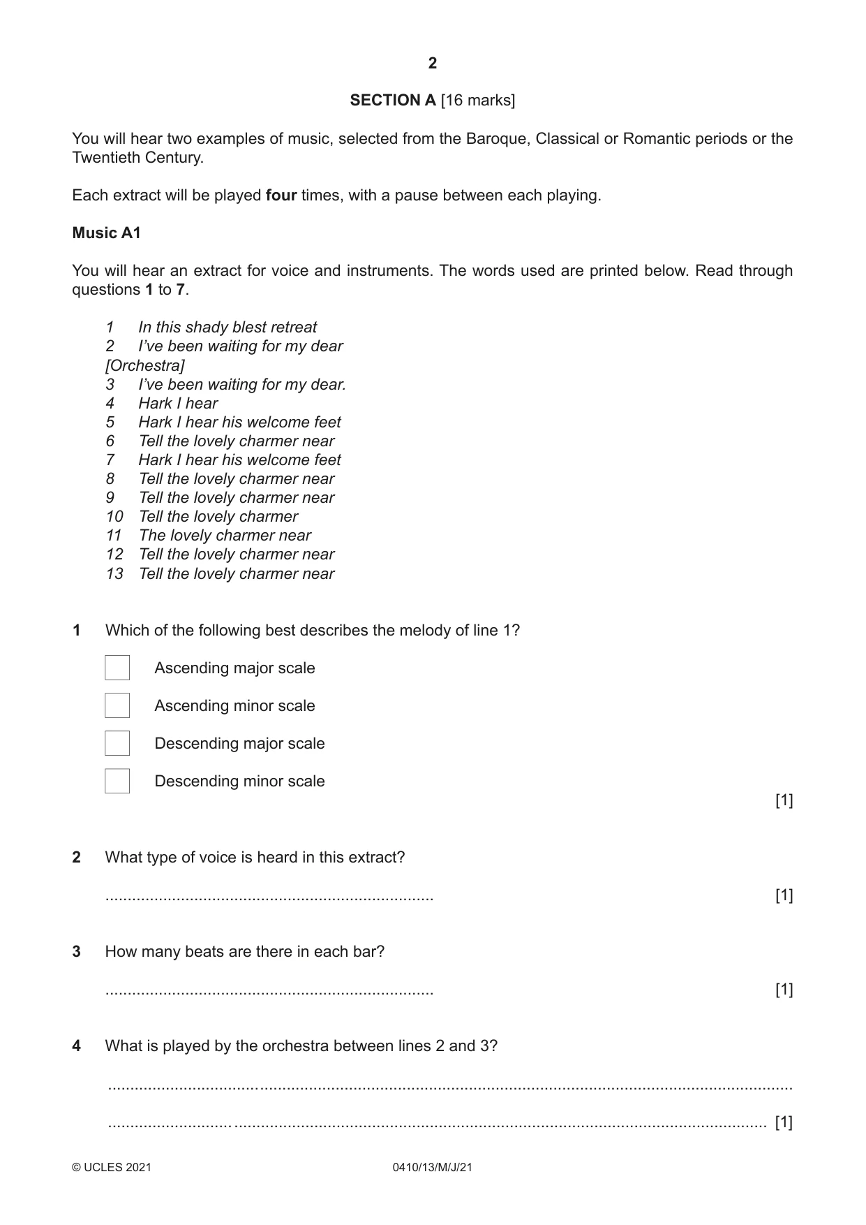 Cambridge IGCSE Music 0410 2021 May/June Paper 1 · Variant 3 question paper, page 2 of 16