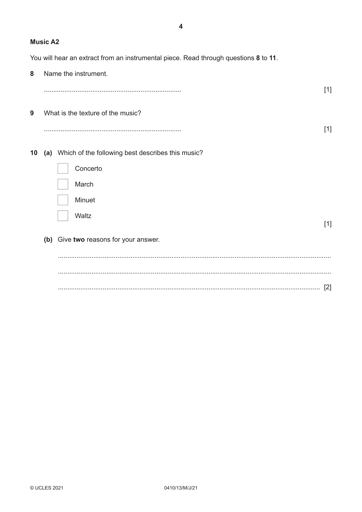 Cambridge IGCSE Music 0410 2021 May/June Paper 1 · Variant 3 question paper, page 4 of 16