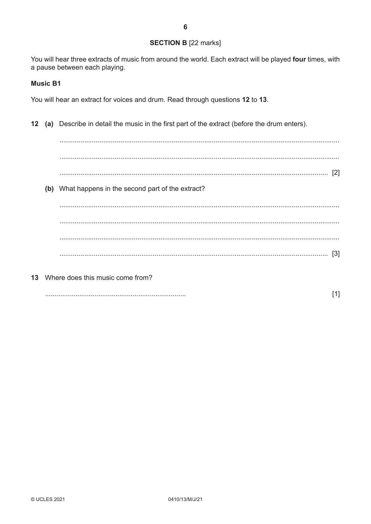 Cambridge IGCSE Music 0410 2021 May/June Paper 1 · Variant 3 question paper, page 6 of 16