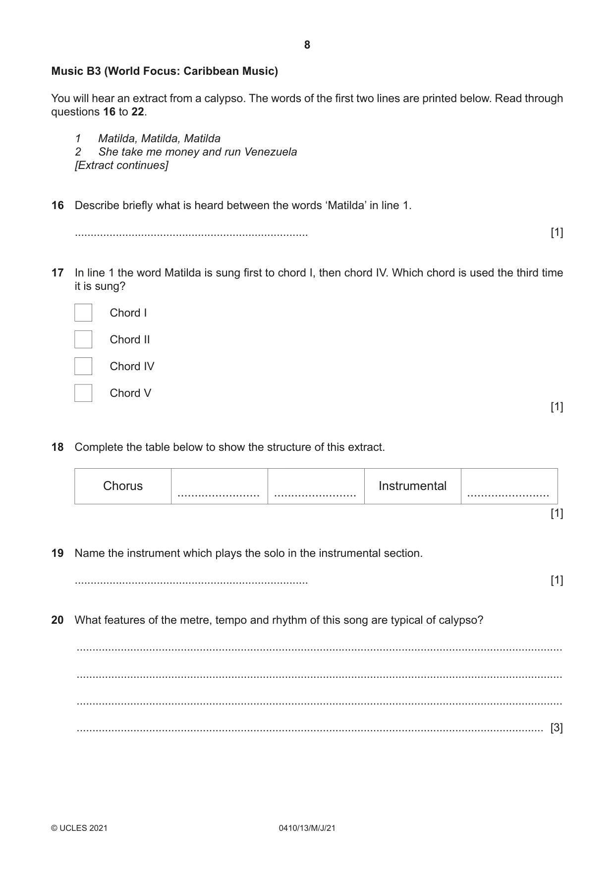 Cambridge IGCSE Music 0410 2021 May/June Paper 1 · Variant 3 question paper, page 8 of 16