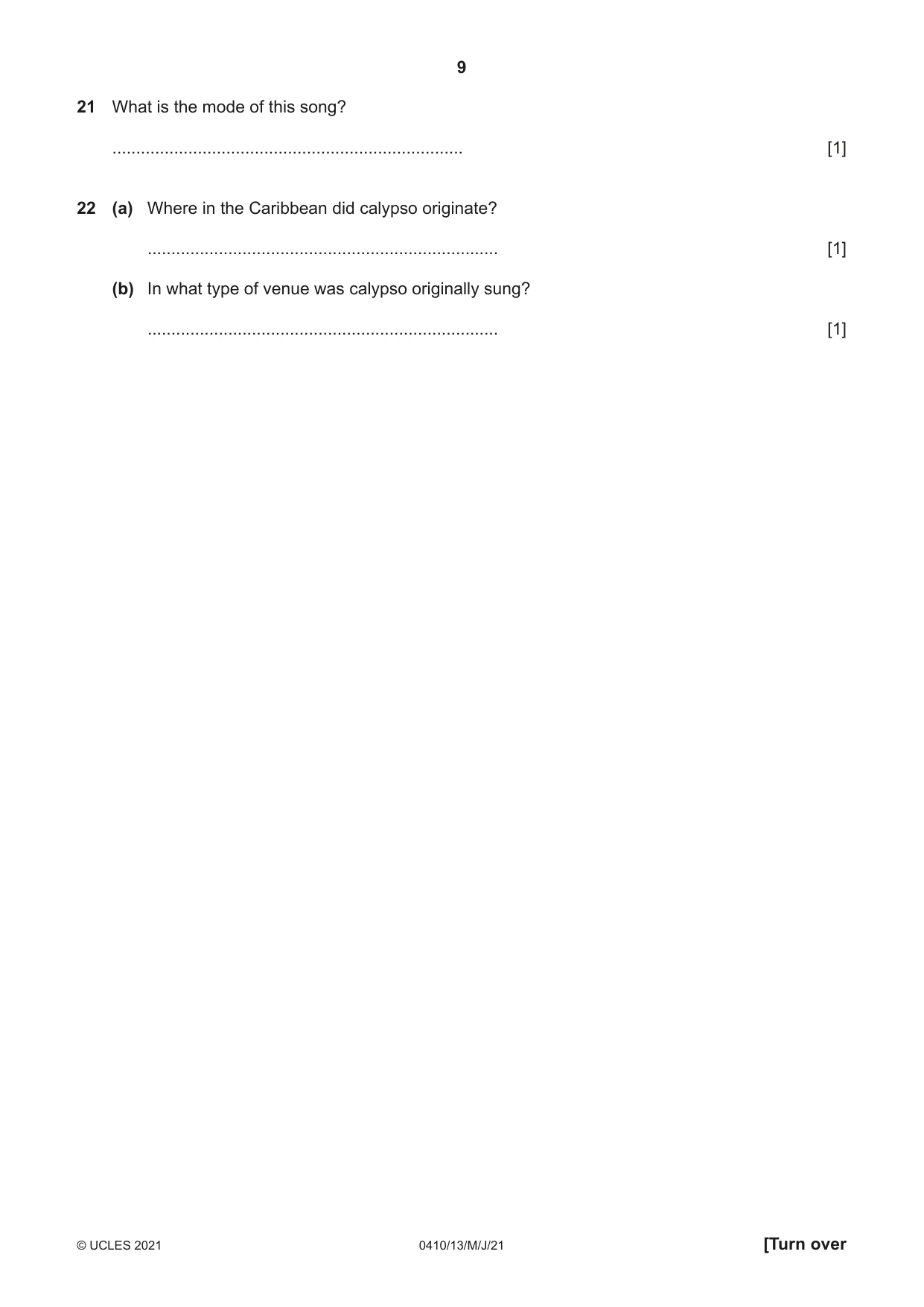 Cambridge IGCSE Music 0410 2021 May/June Paper 1 · Variant 3 question paper, page 9 of 16