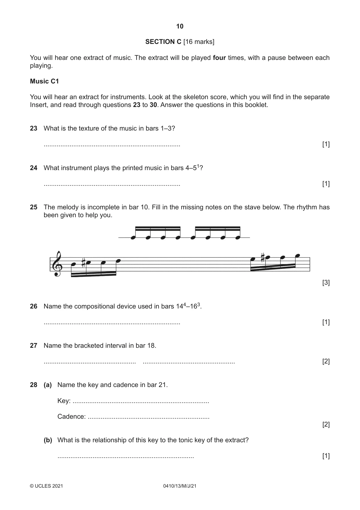 Cambridge IGCSE Music 0410 2021 May/June Paper 1 · Variant 3 question paper, page 10 of 16