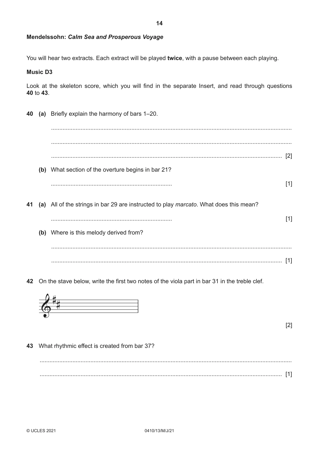 Cambridge IGCSE Music 0410 2021 May/June Paper 1 · Variant 3 question paper, page 14 of 16