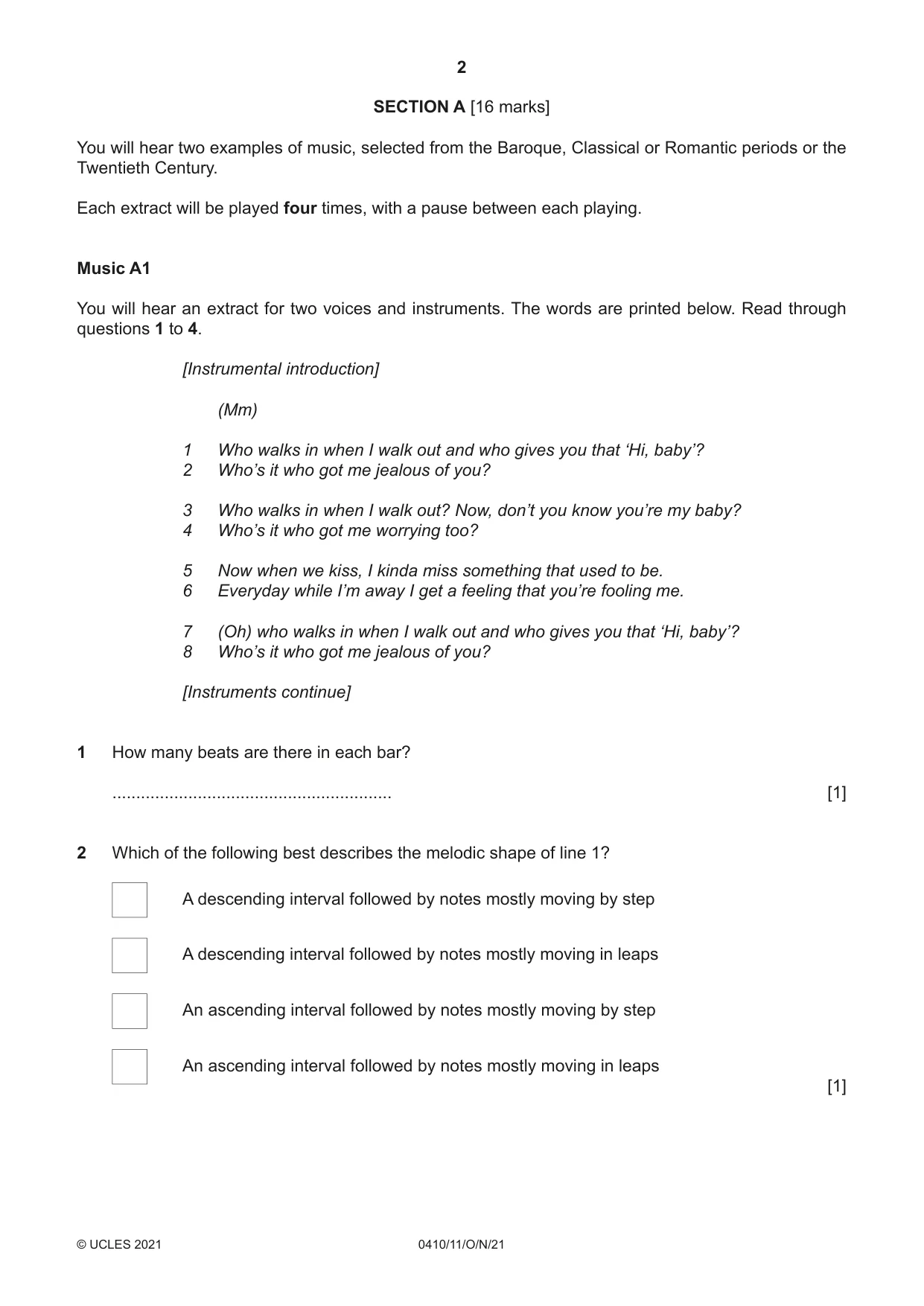 Cambridge IGCSE Music 0410 2021 Oct/Nov Paper 1 · Variant 1 question paper, page 2 of 16