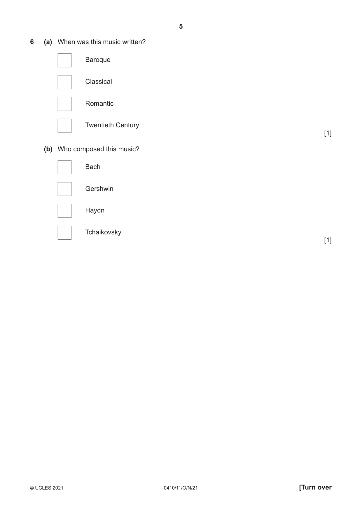 Cambridge IGCSE Music 0410 2021 Oct/Nov Paper 1 · Variant 1 question paper, page 5 of 16