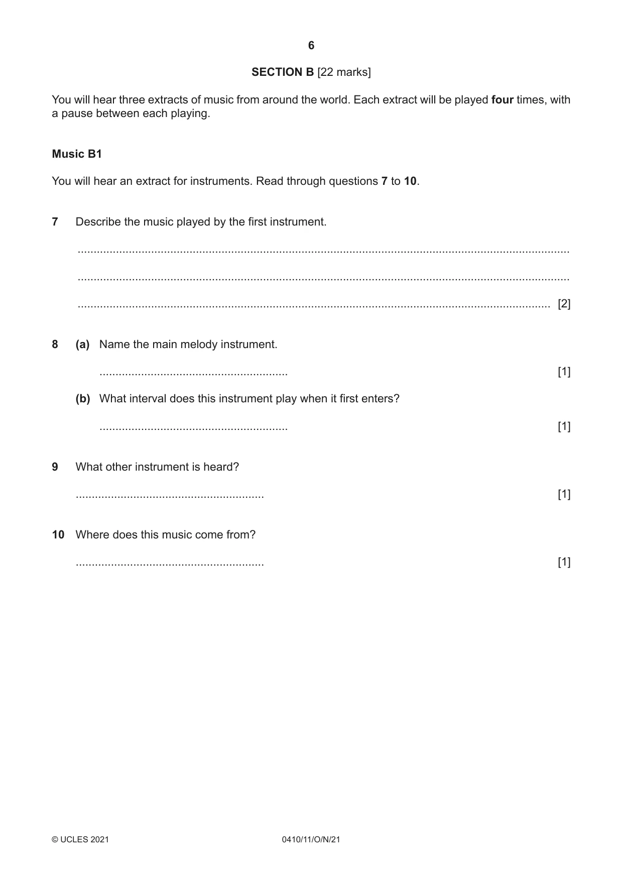 Cambridge IGCSE Music 0410 2021 Oct/Nov Paper 1 · Variant 1 question paper, page 6 of 16
