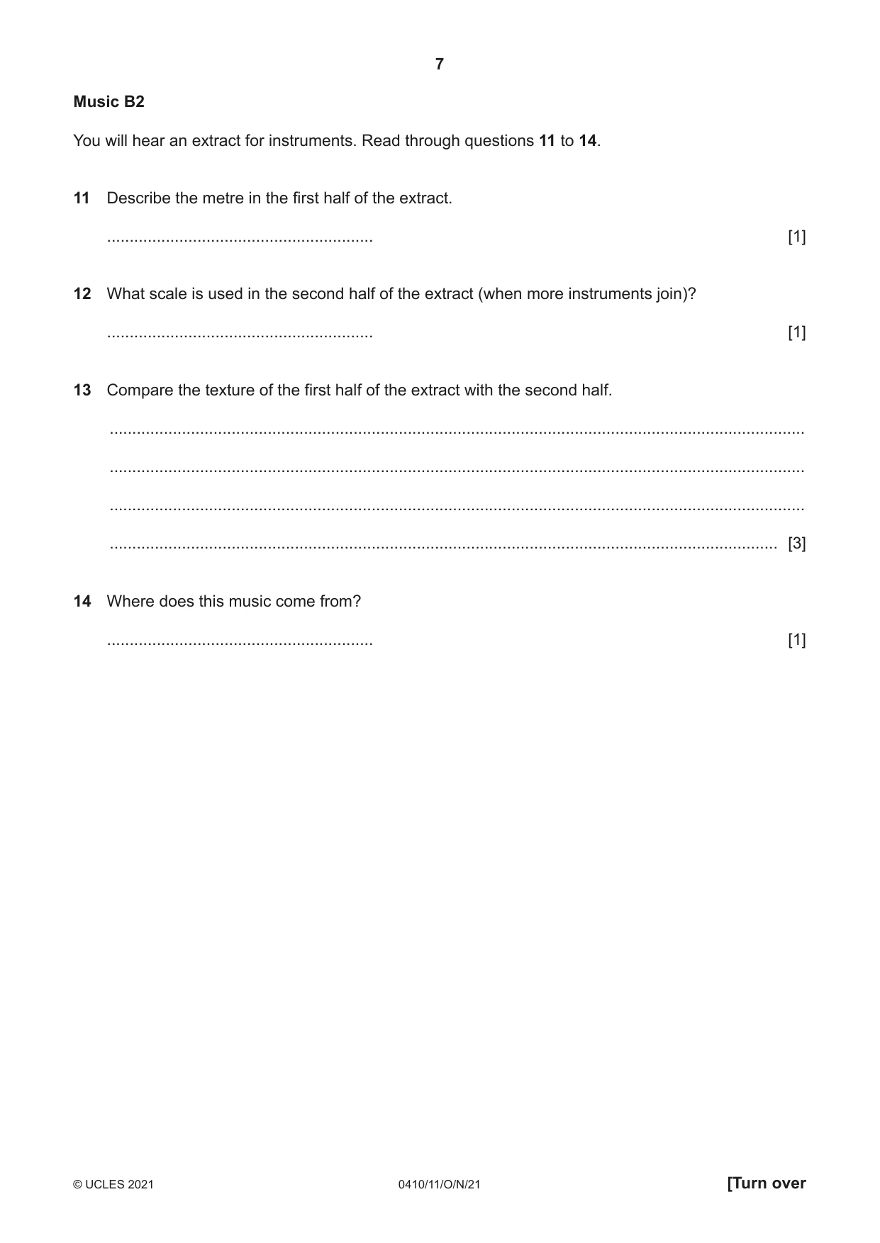 Cambridge IGCSE Music 0410 2021 Oct/Nov Paper 1 · Variant 1 question paper, page 7 of 16