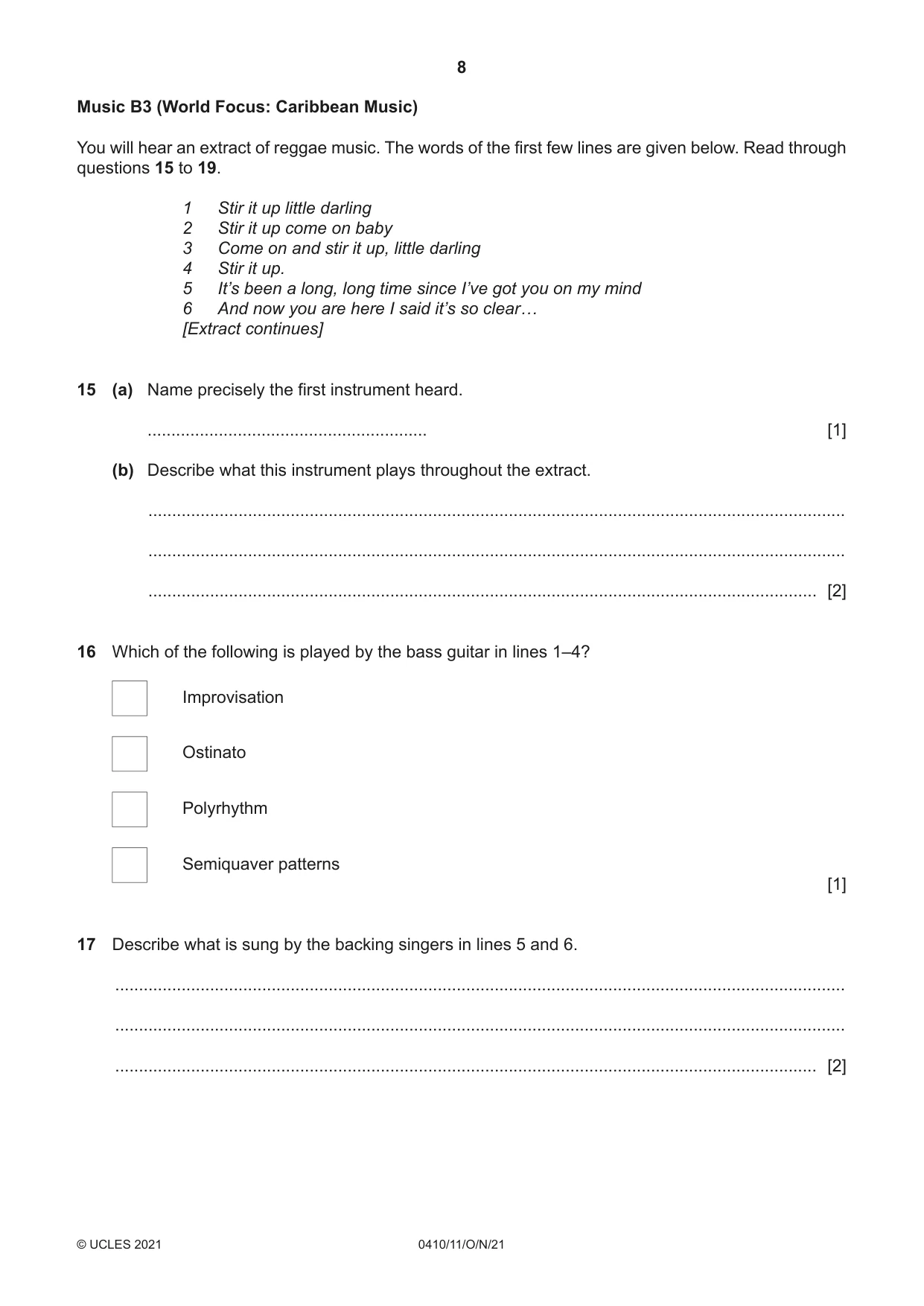 Cambridge IGCSE Music 0410 2021 Oct/Nov Paper 1 · Variant 1 question paper, page 8 of 16