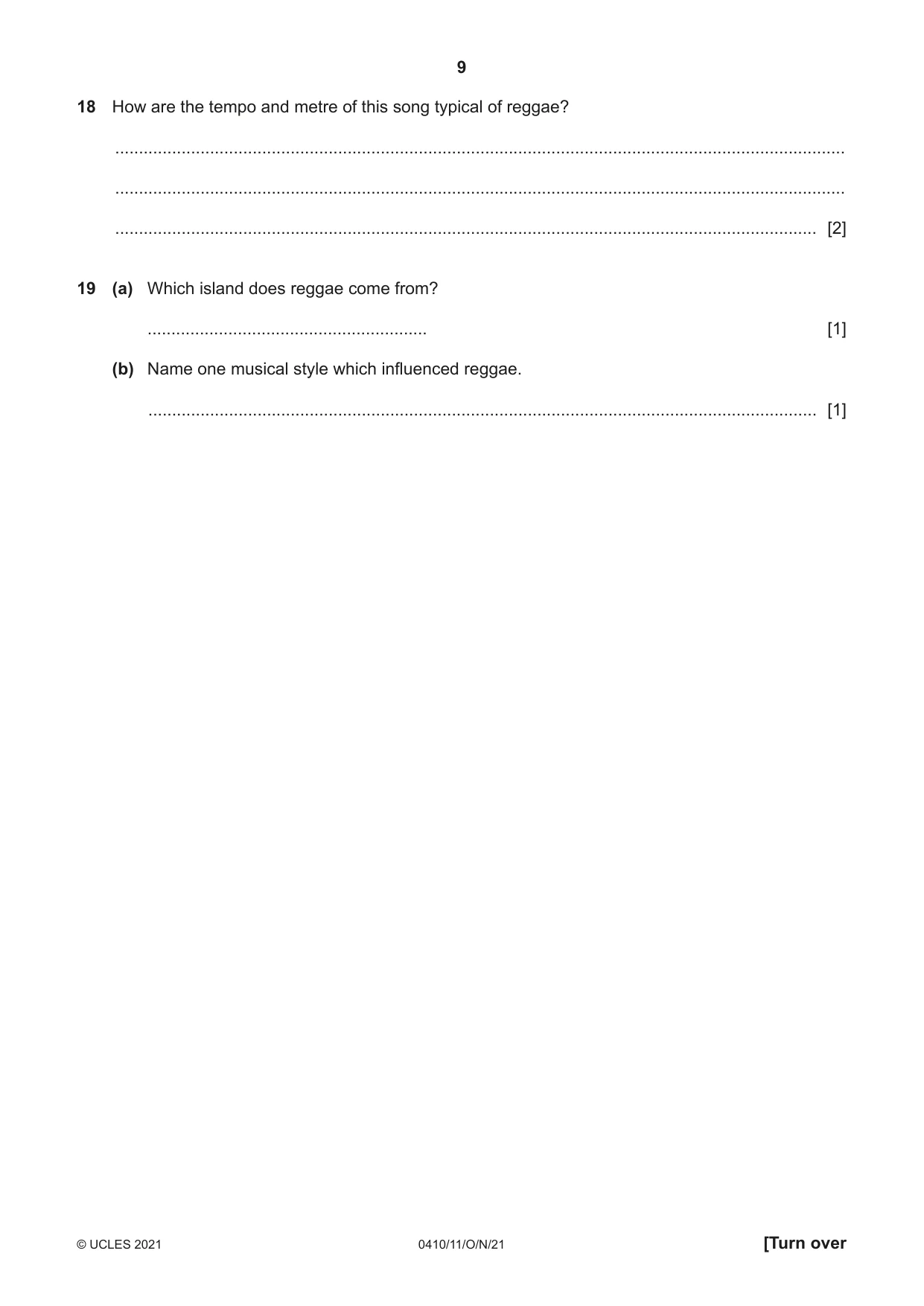 Cambridge IGCSE Music 0410 2021 Oct/Nov Paper 1 · Variant 1 question paper, page 9 of 16