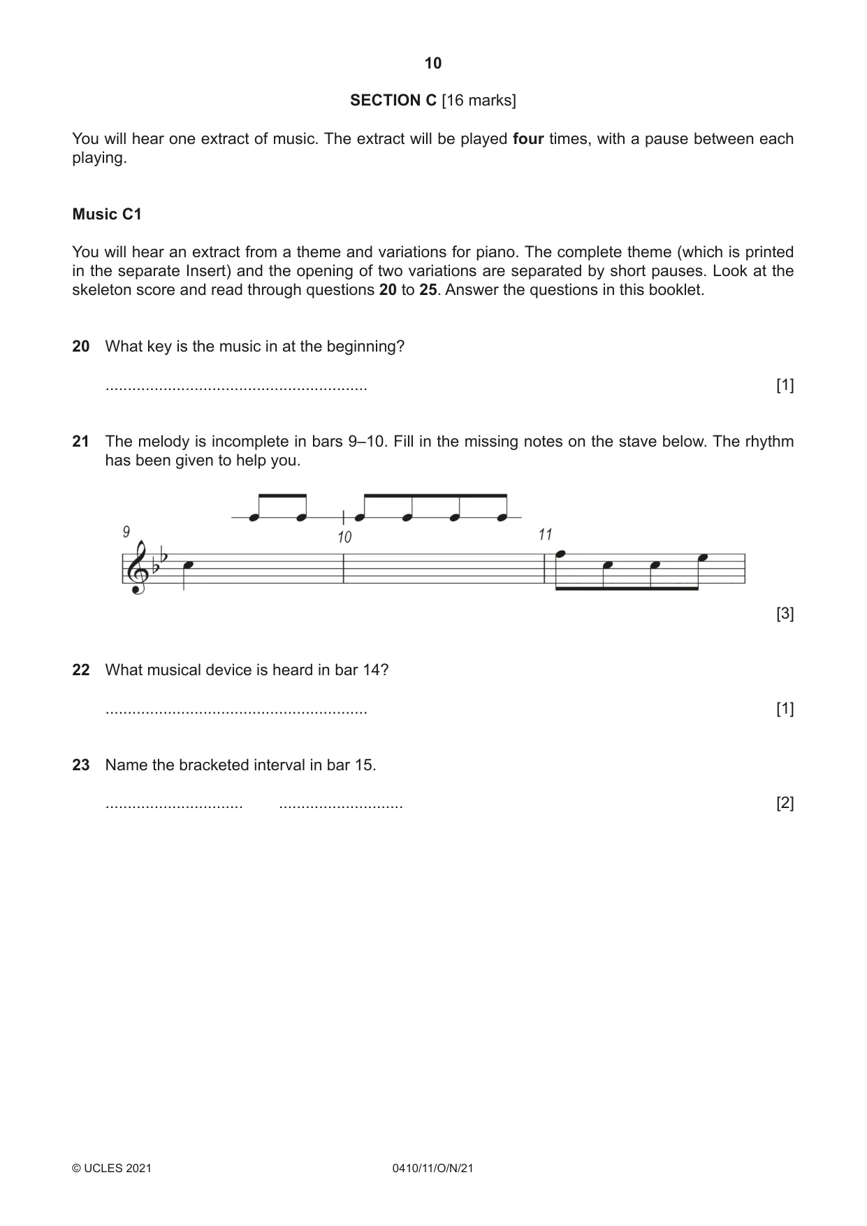 Cambridge IGCSE Music 0410 2021 Oct/Nov Paper 1 · Variant 1 question paper, page 10 of 16
