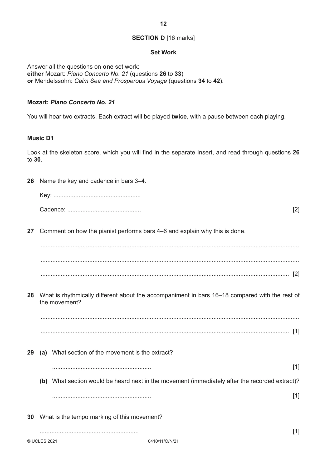 Cambridge IGCSE Music 0410 2021 Oct/Nov Paper 1 · Variant 1 question paper, page 12 of 16
