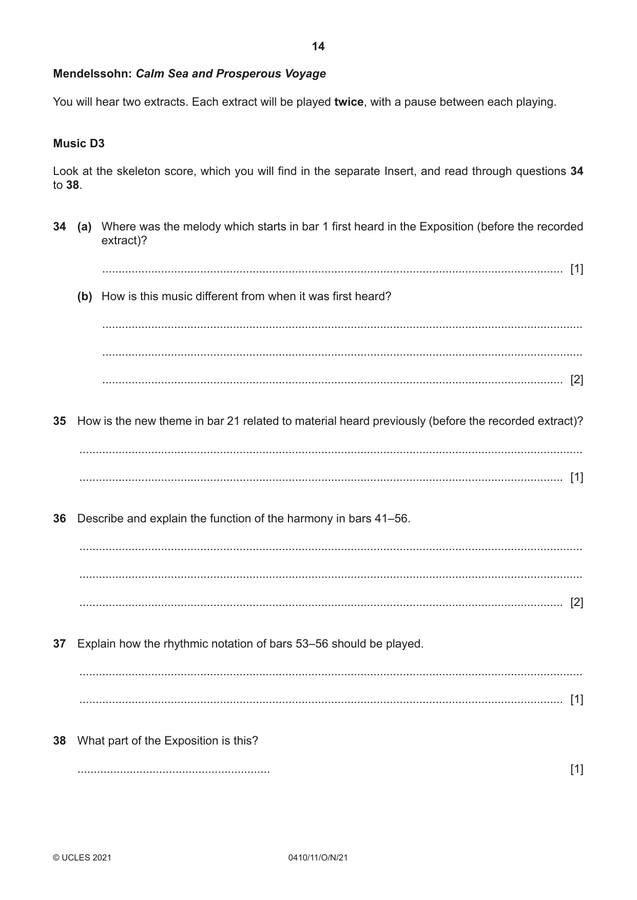 Cambridge IGCSE Music 0410 2021 Oct/Nov Paper 1 · Variant 1 question paper, page 14 of 16