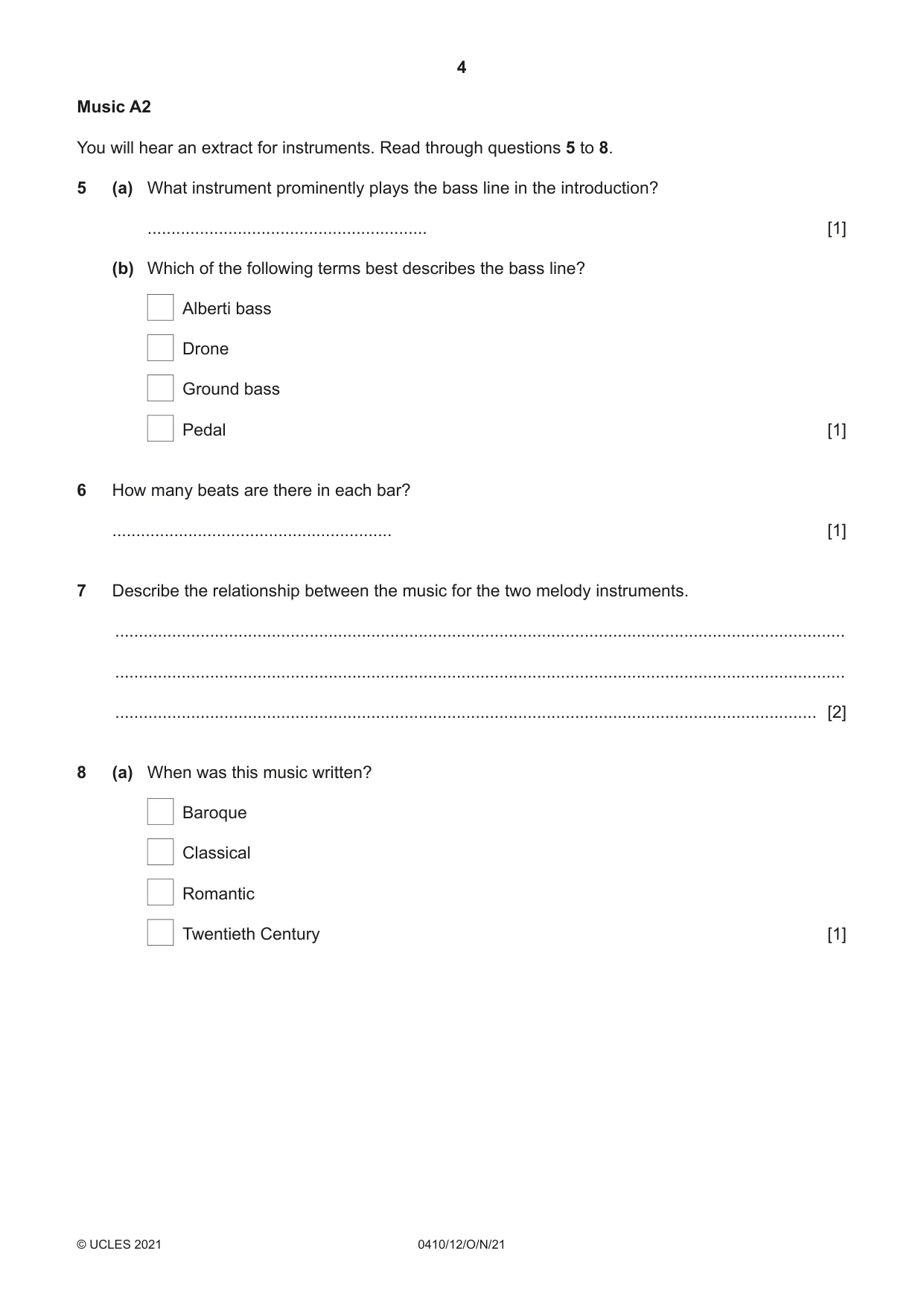 Cambridge IGCSE Music 0410 2021 Oct/Nov Paper 1 · Variant 2 question paper, page 4 of 16