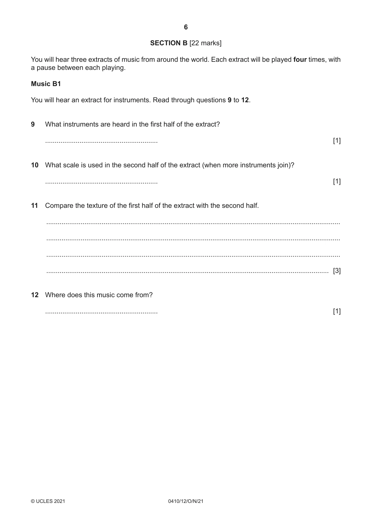 Cambridge IGCSE Music 0410 2021 Oct/Nov Paper 1 · Variant 2 question paper, page 6 of 16
