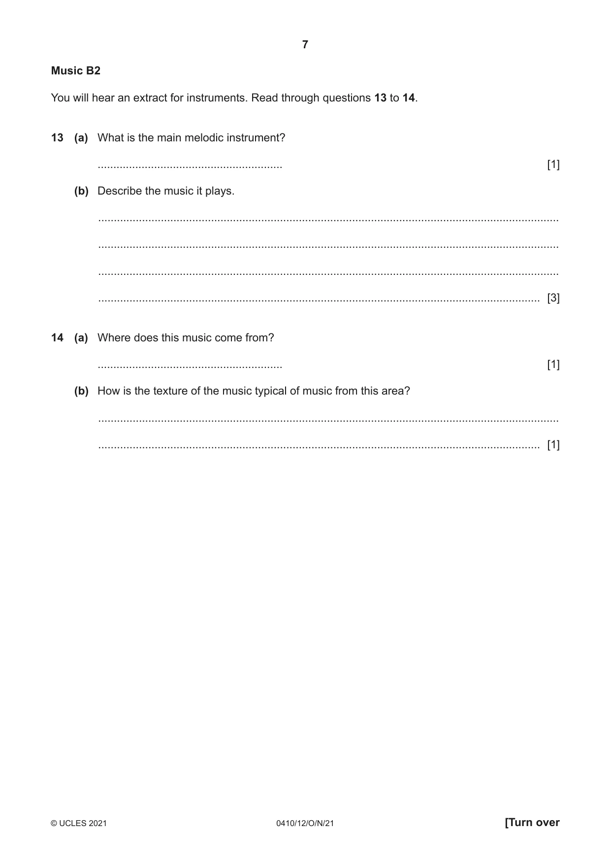 Cambridge IGCSE Music 0410 2021 Oct/Nov Paper 1 · Variant 2 question paper, page 7 of 16