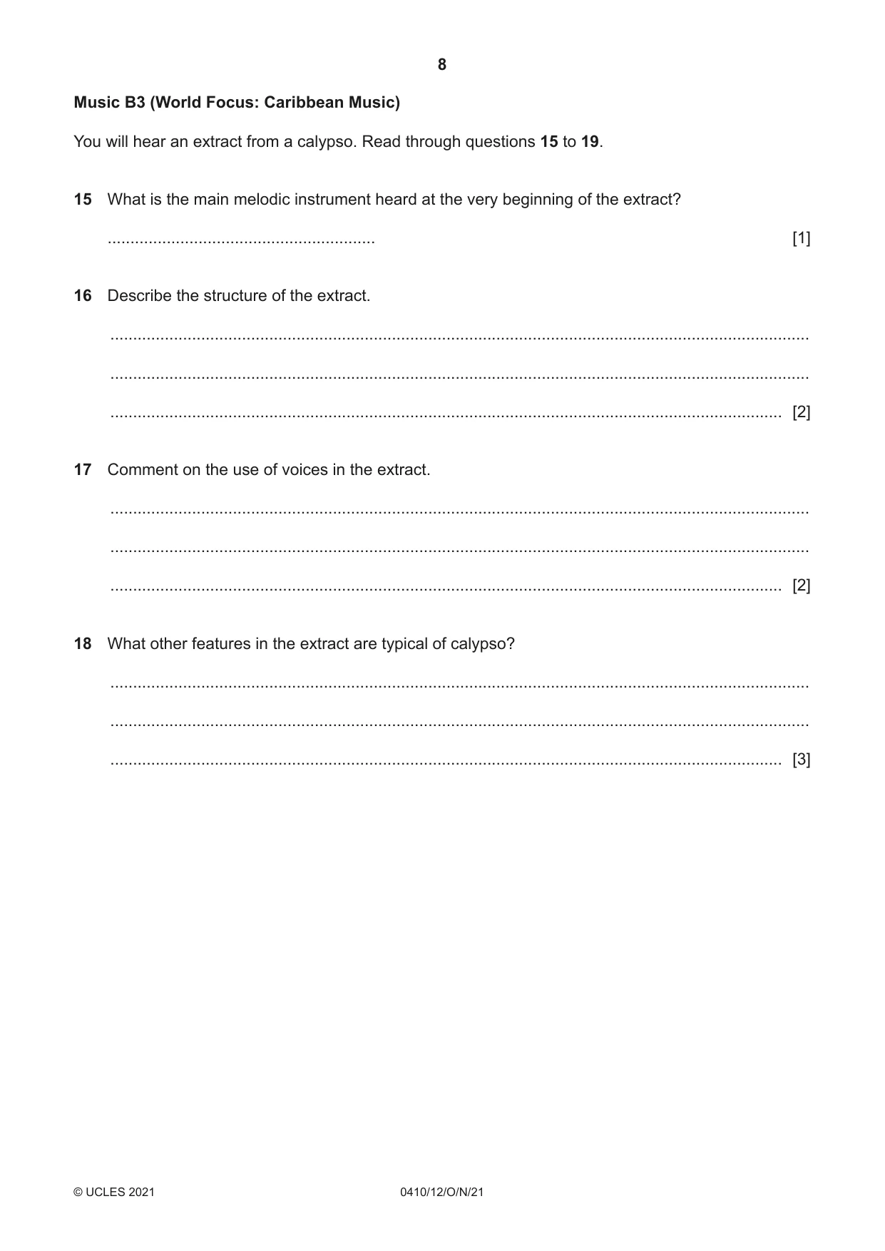 Cambridge IGCSE Music 0410 2021 Oct/Nov Paper 1 · Variant 2 question paper, page 8 of 16