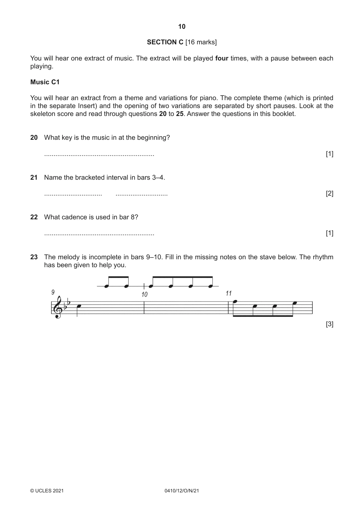 Cambridge IGCSE Music 0410 2021 Oct/Nov Paper 1 · Variant 2 question paper, page 10 of 16