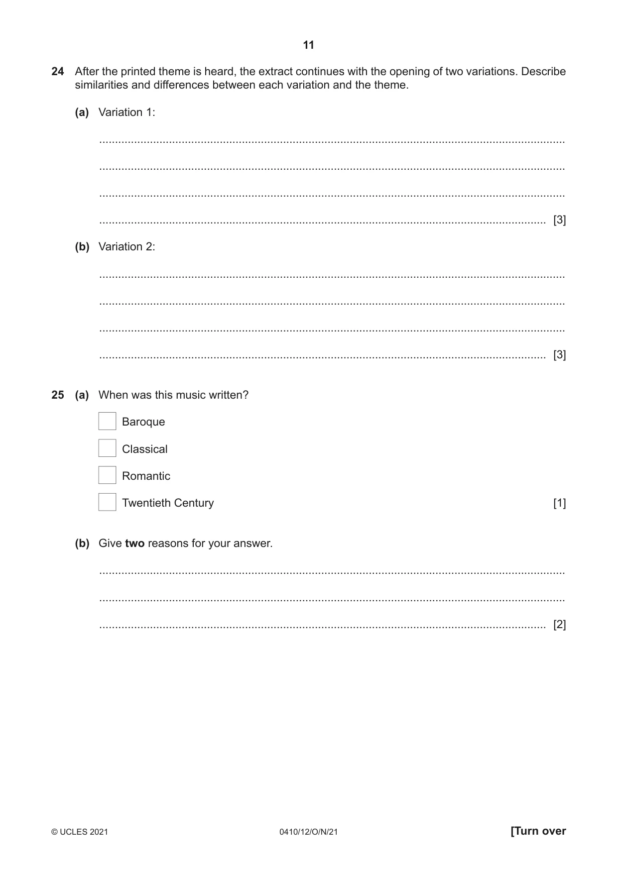 Cambridge IGCSE Music 0410 2021 Oct/Nov Paper 1 · Variant 2 question paper, page 11 of 16