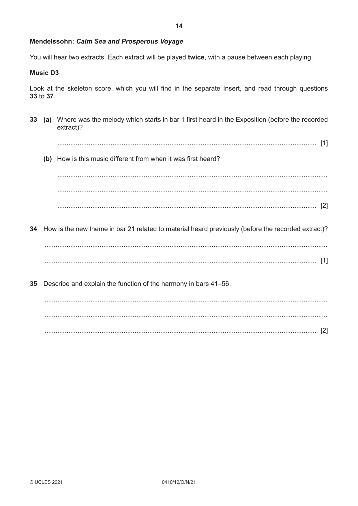 Cambridge IGCSE Music 0410 2021 Oct/Nov Paper 1 · Variant 2 question paper, page 14 of 16