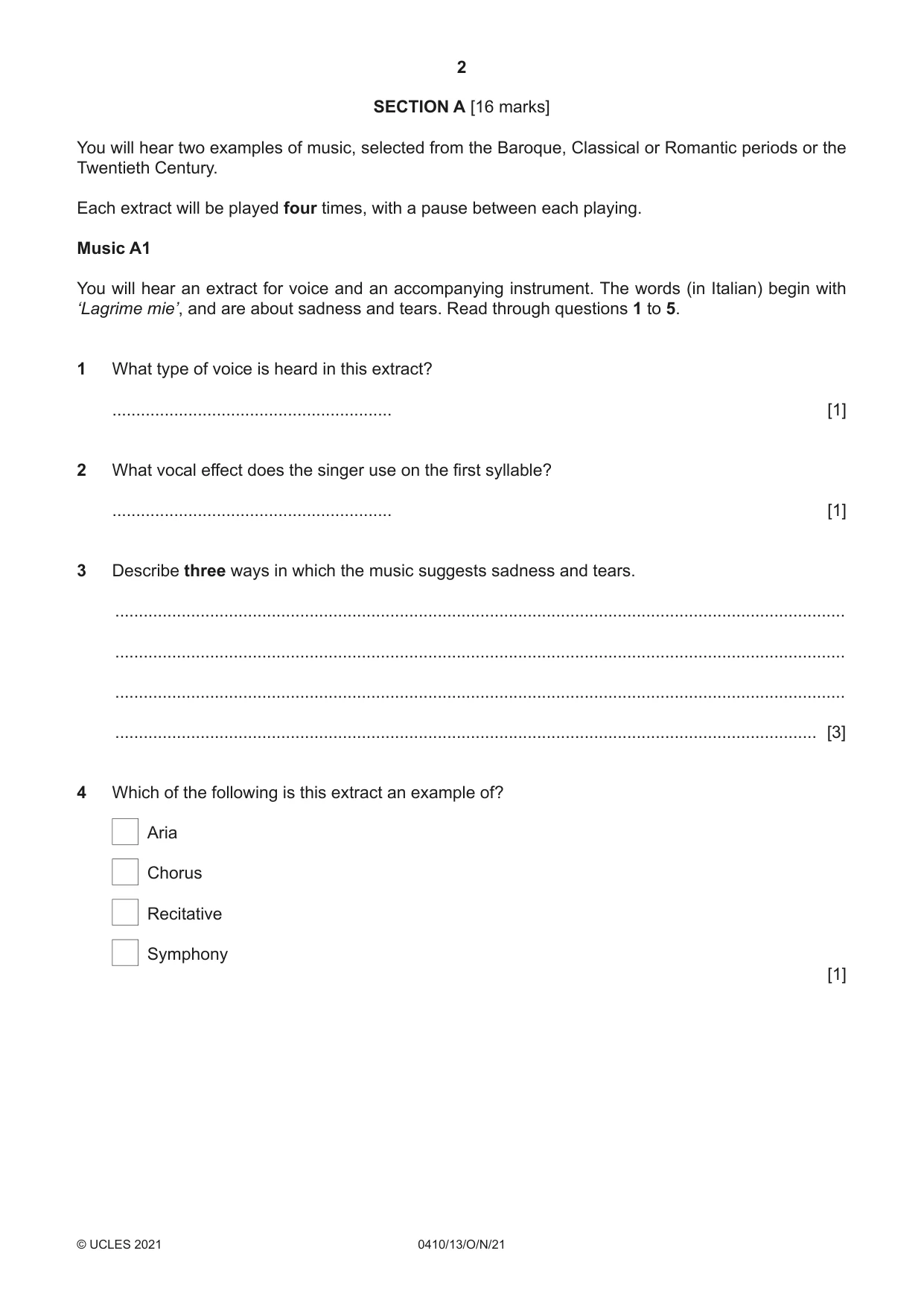 Cambridge IGCSE Music 0410 2021 Oct/Nov Paper 1 · Variant 3 question paper, page 2 of 16