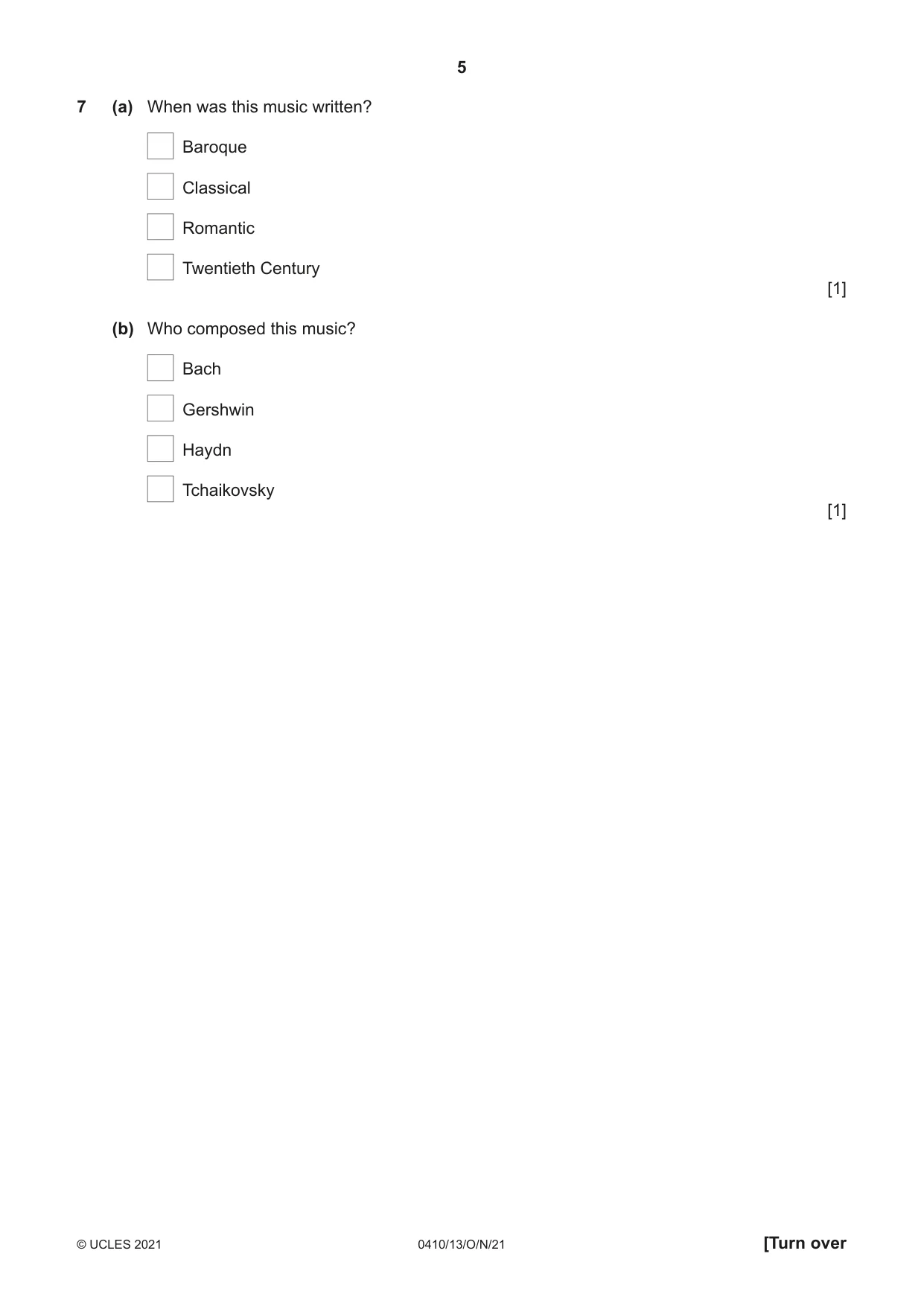 Cambridge IGCSE Music 0410 2021 Oct/Nov Paper 1 · Variant 3 question paper, page 5 of 16