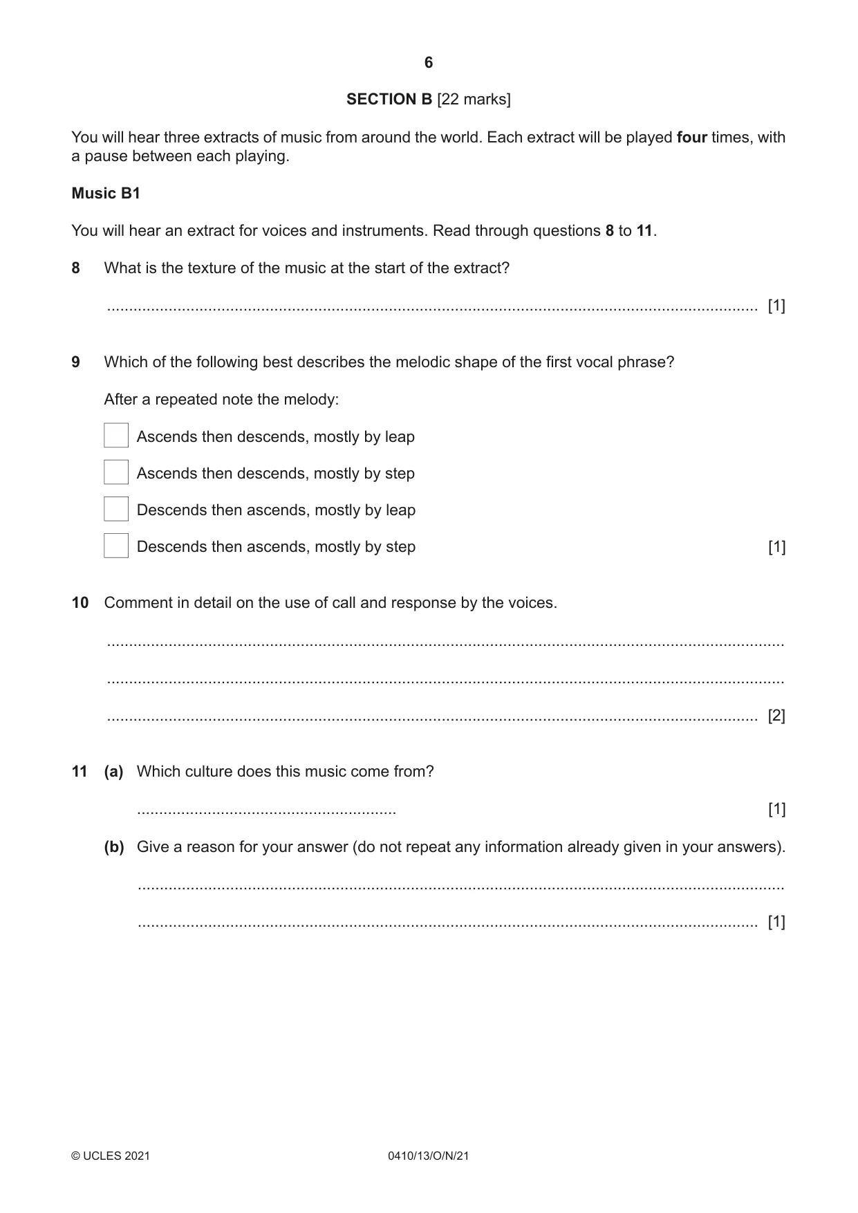 Cambridge IGCSE Music 0410 2021 Oct/Nov Paper 1 · Variant 3 question paper, page 6 of 16