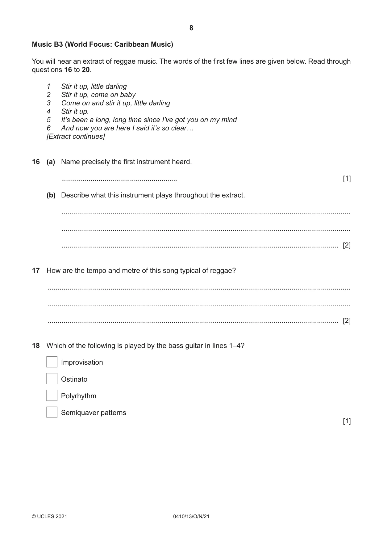 Cambridge IGCSE Music 0410 2021 Oct/Nov Paper 1 · Variant 3 question paper, page 8 of 16