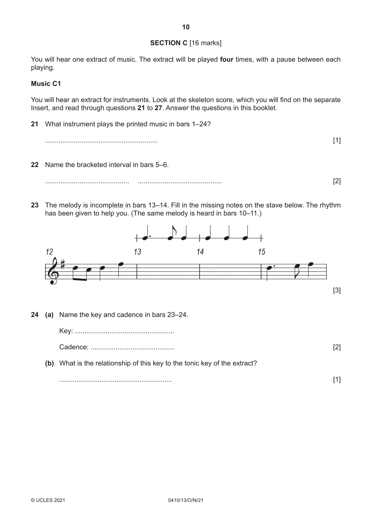 Cambridge IGCSE Music 0410 2021 Oct/Nov Paper 1 · Variant 3 question paper, page 10 of 16