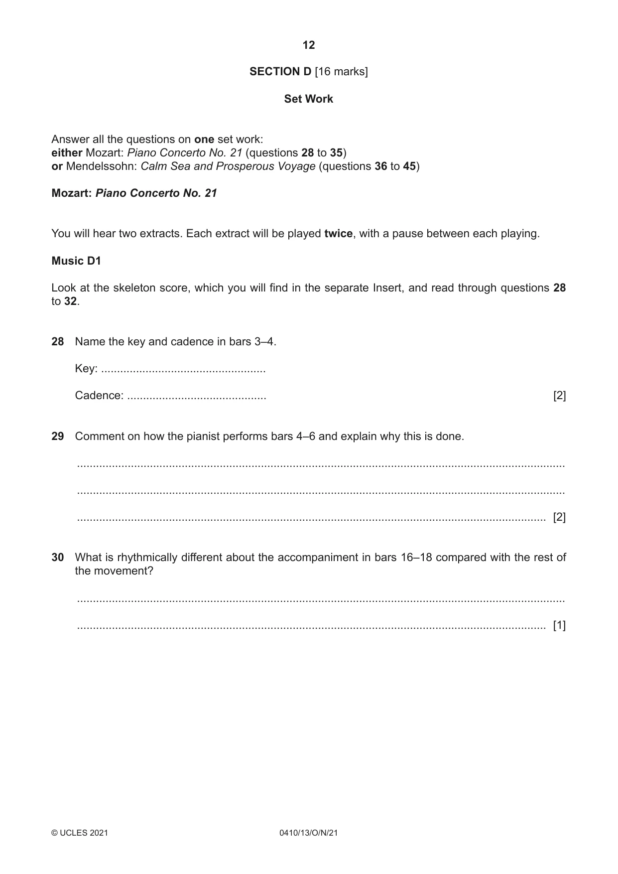 Cambridge IGCSE Music 0410 2021 Oct/Nov Paper 1 · Variant 3 question paper, page 12 of 16