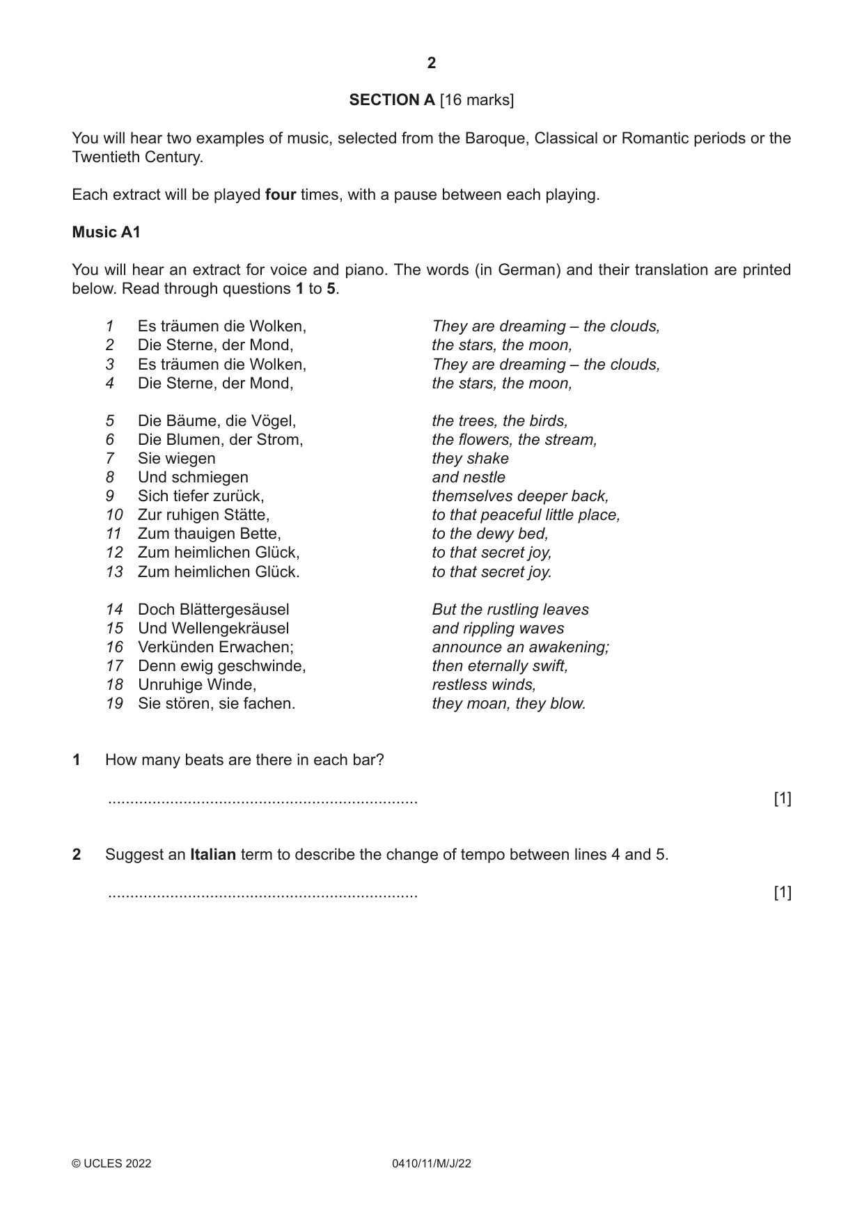 Cambridge IGCSE Music 0410 2022 May/June Paper 1 · Variant 1 question paper, page 2 of 16