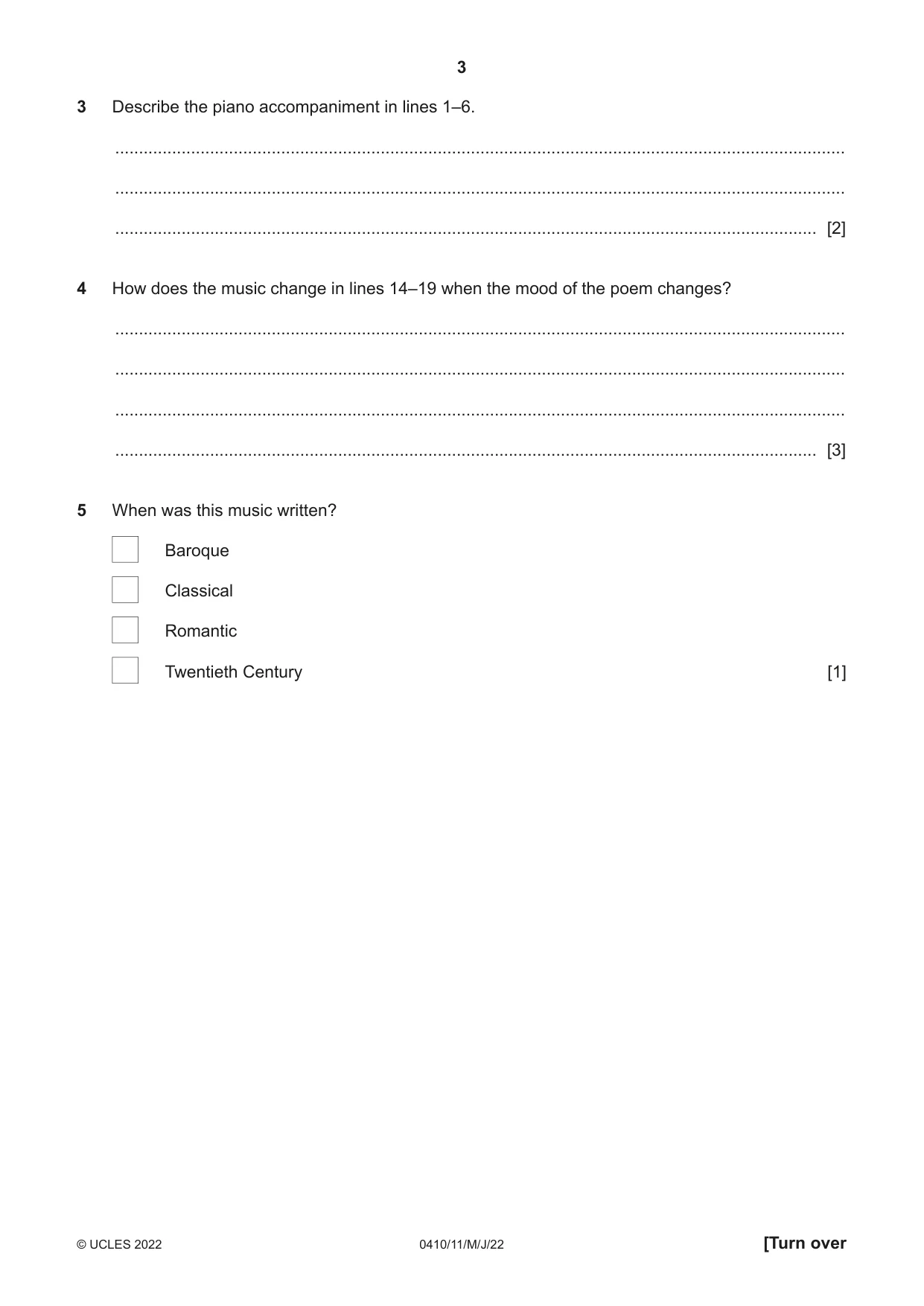 Cambridge IGCSE Music 0410 2022 May/June Paper 1 · Variant 1 question paper, page 3 of 16