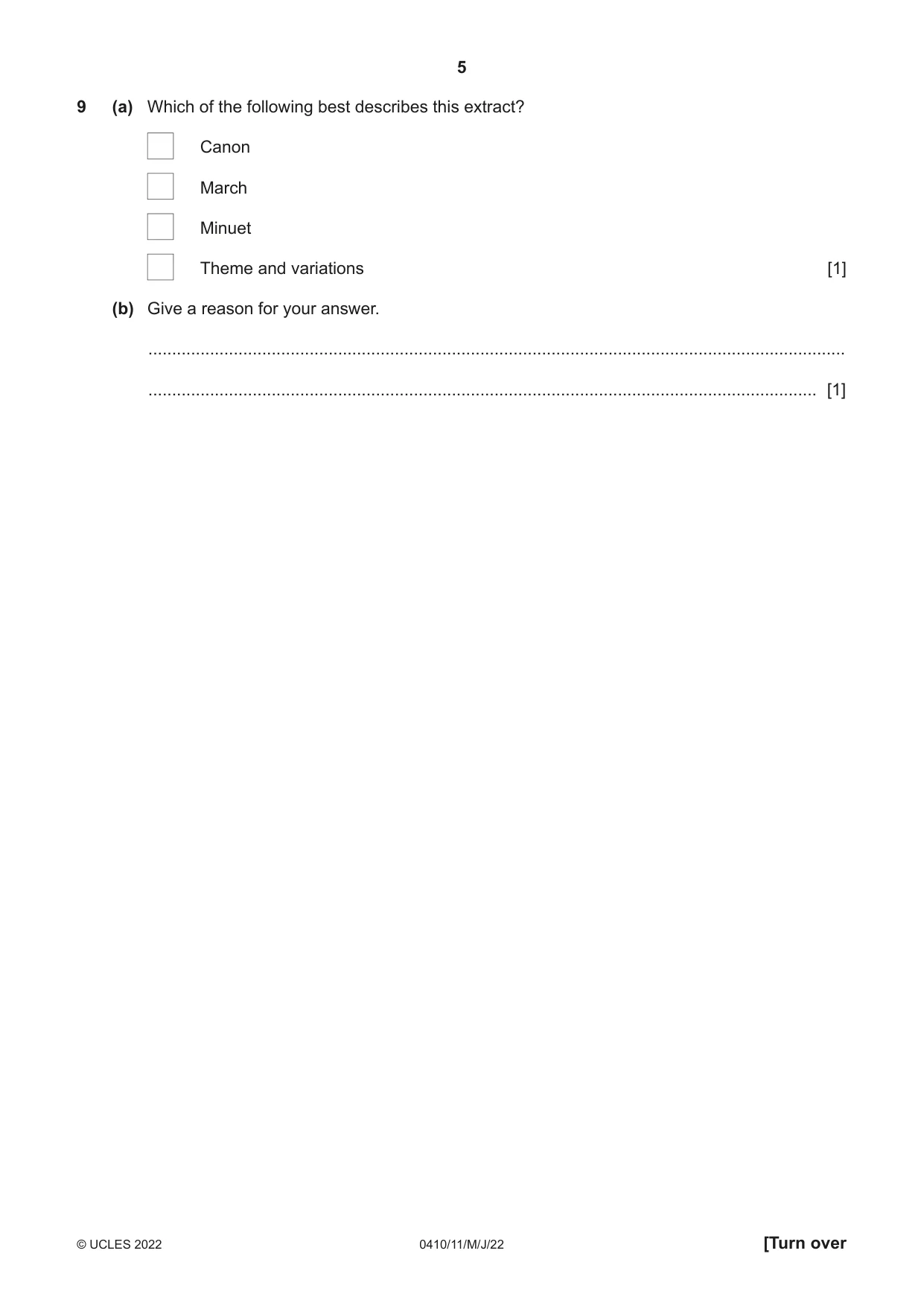 Cambridge IGCSE Music 0410 2022 May/June Paper 1 · Variant 1 question paper, page 5 of 16