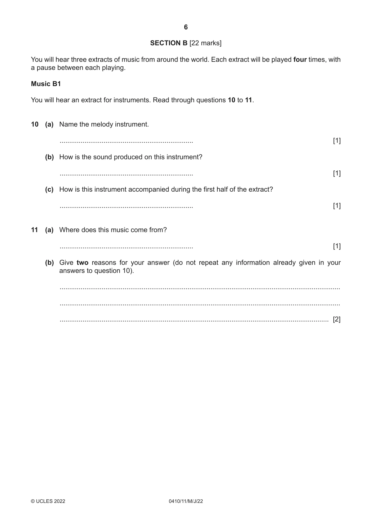 Cambridge IGCSE Music 0410 2022 May/June Paper 1 · Variant 1 question paper, page 6 of 16