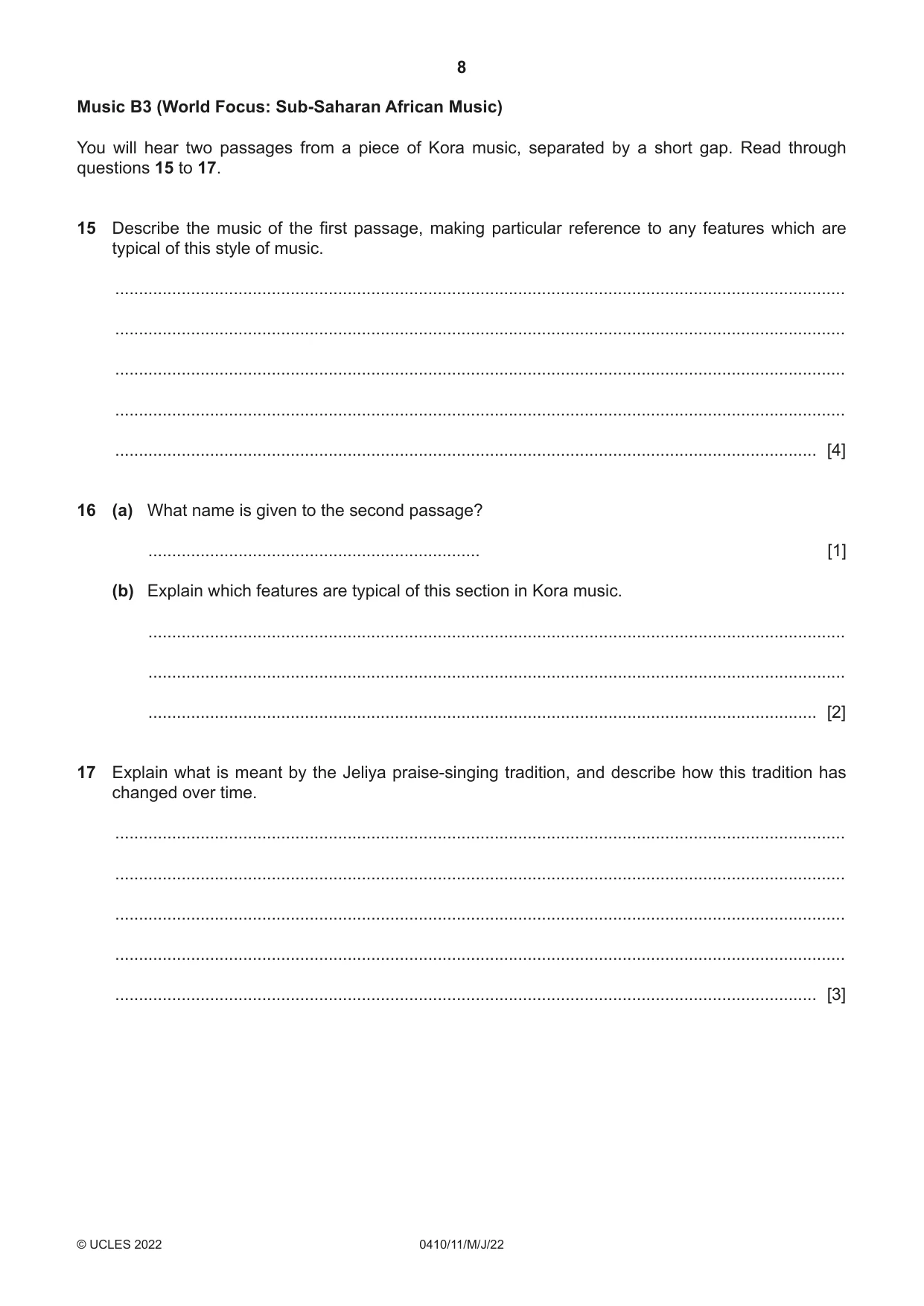 Cambridge IGCSE Music 0410 2022 May/June Paper 1 · Variant 1 question paper, page 8 of 16