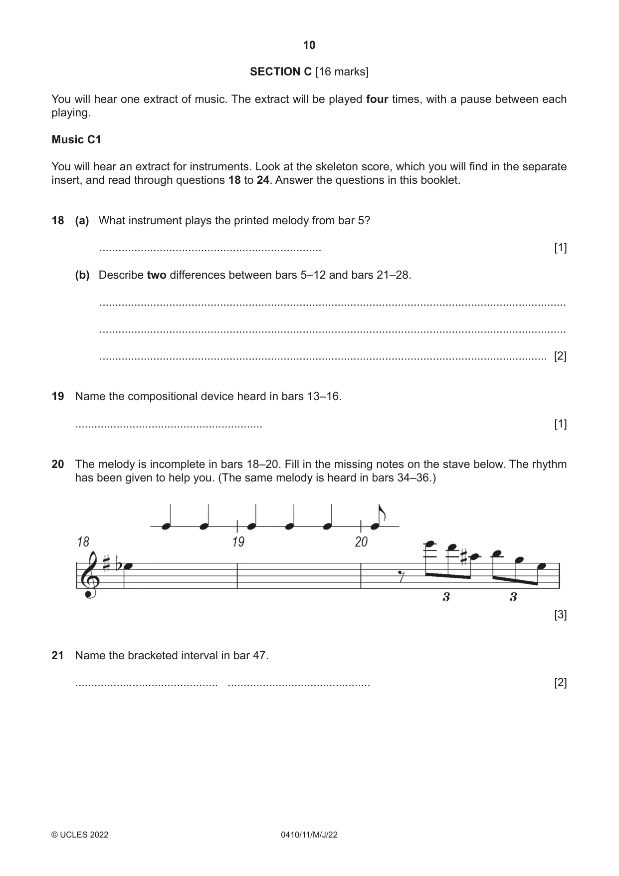 Cambridge IGCSE Music 0410 2022 May/June Paper 1 · Variant 1 question paper, page 10 of 16