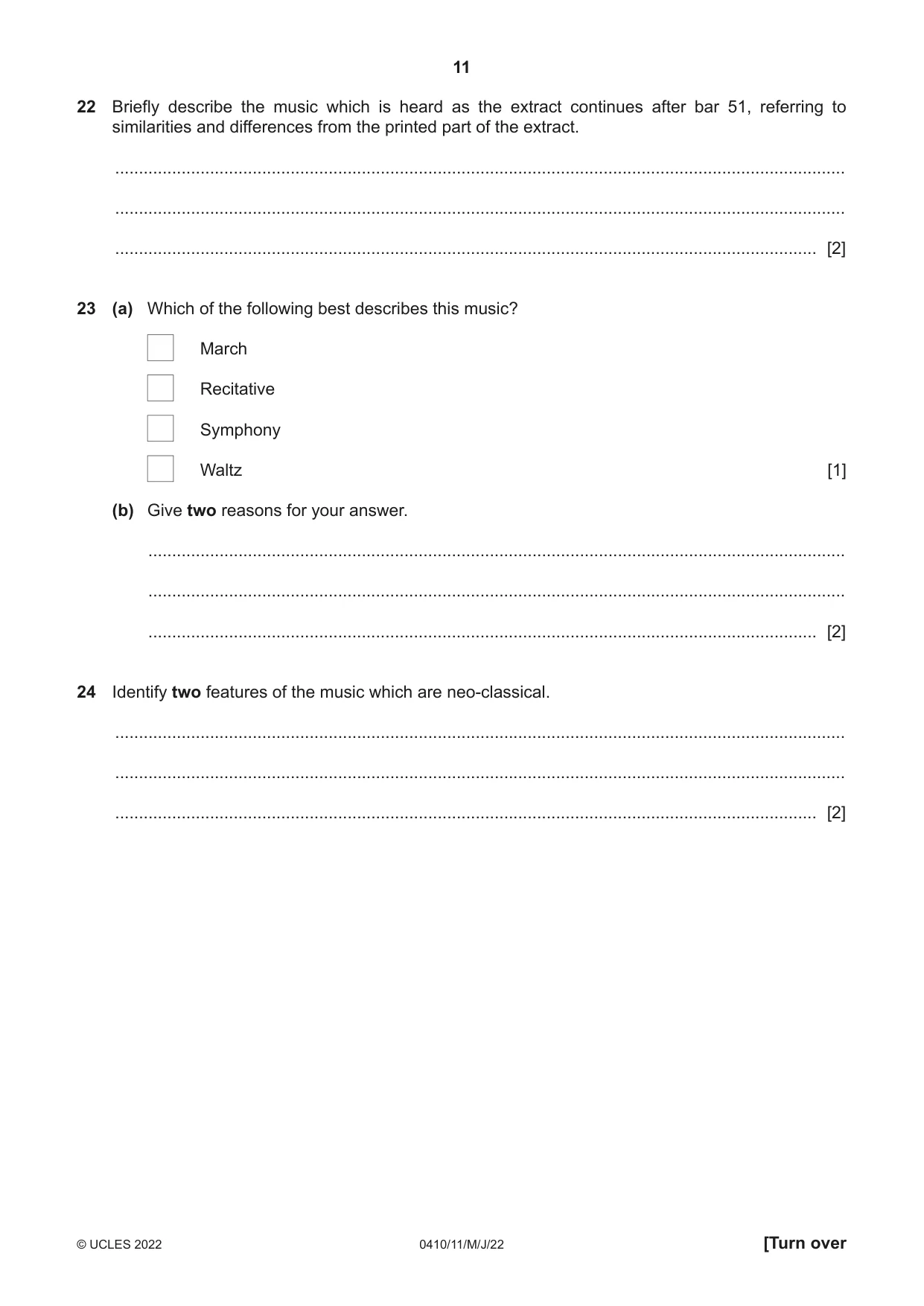 Cambridge IGCSE Music 0410 2022 May/June Paper 1 · Variant 1 question paper, page 11 of 16