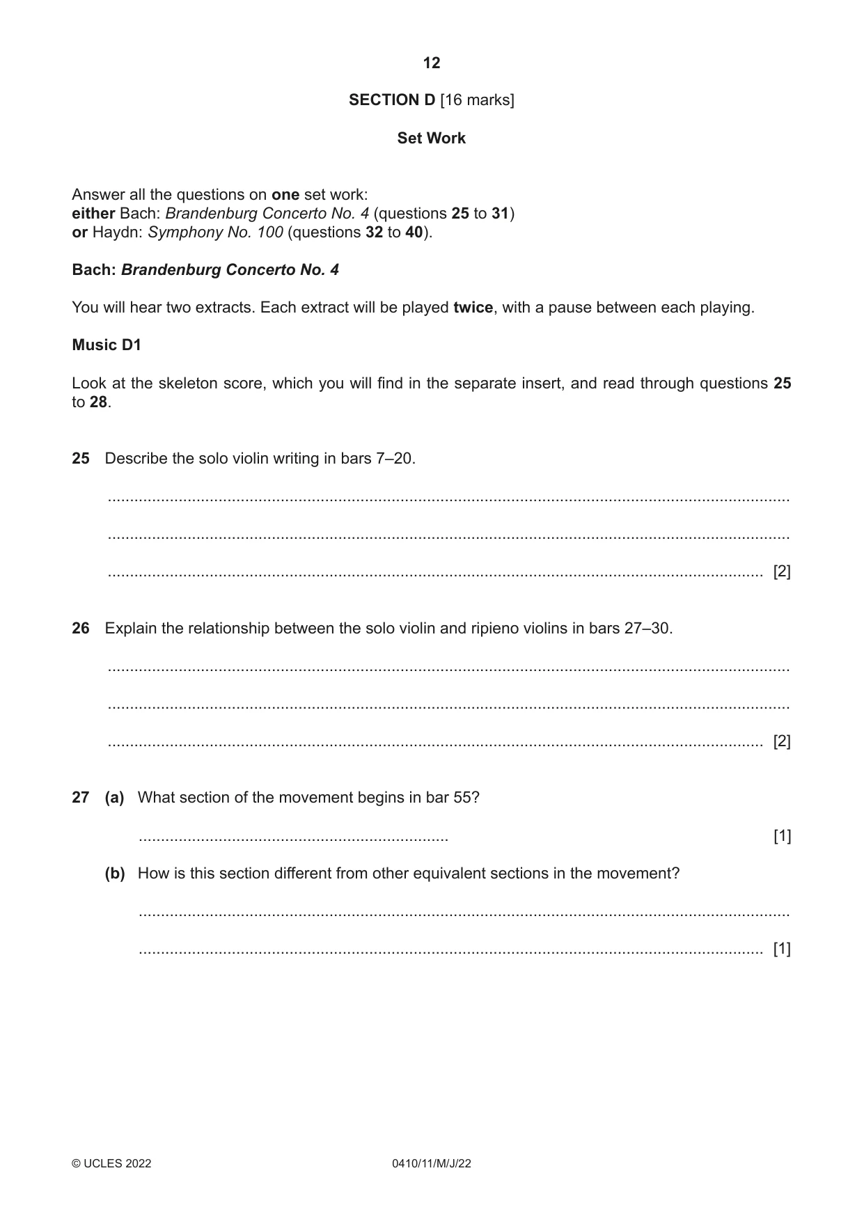 Cambridge IGCSE Music 0410 2022 May/June Paper 1 · Variant 1 question paper, page 12 of 16