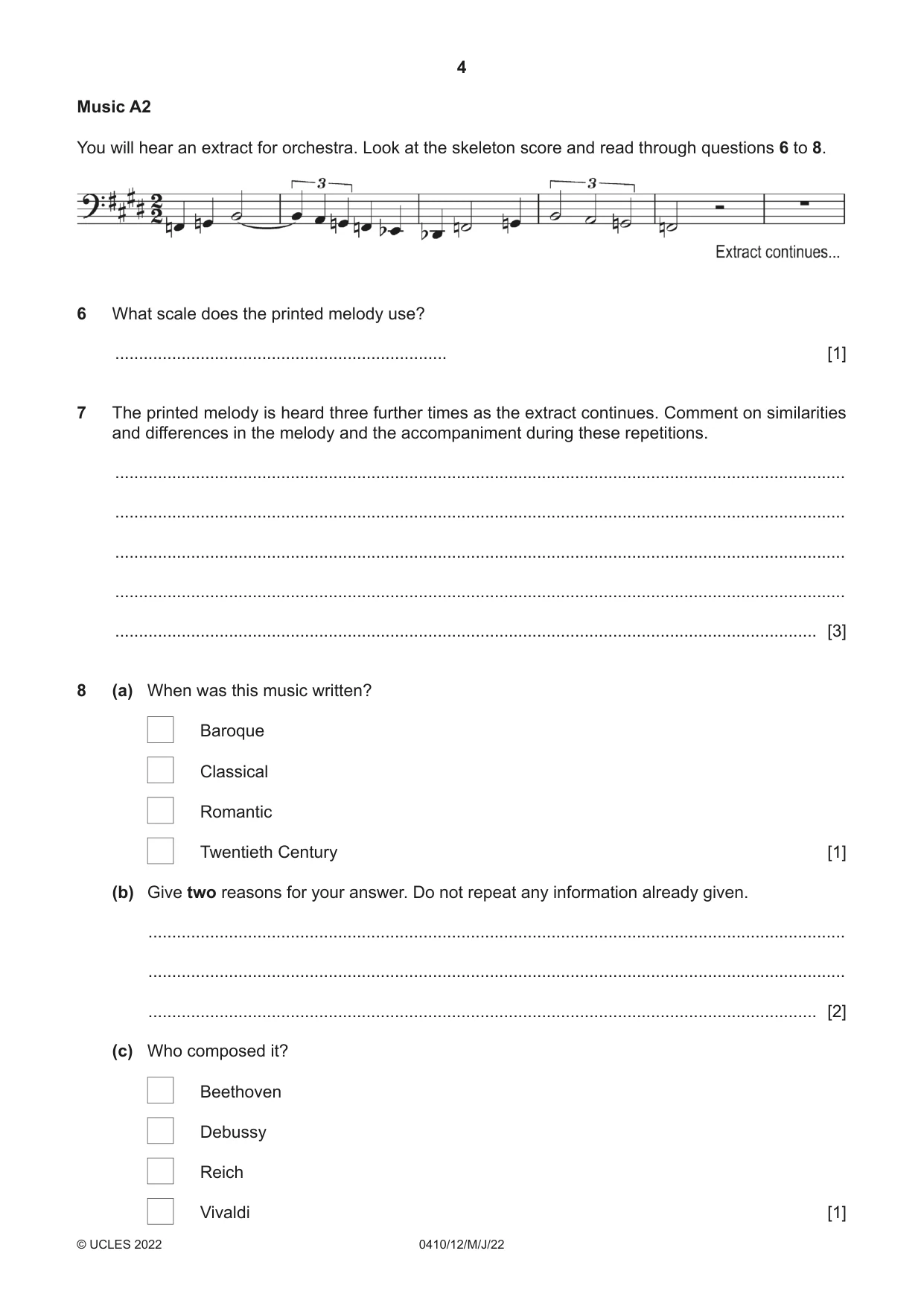 Cambridge IGCSE Music 0410 2022 May/June Paper 1 · Variant 2 question paper, page 4 of 16