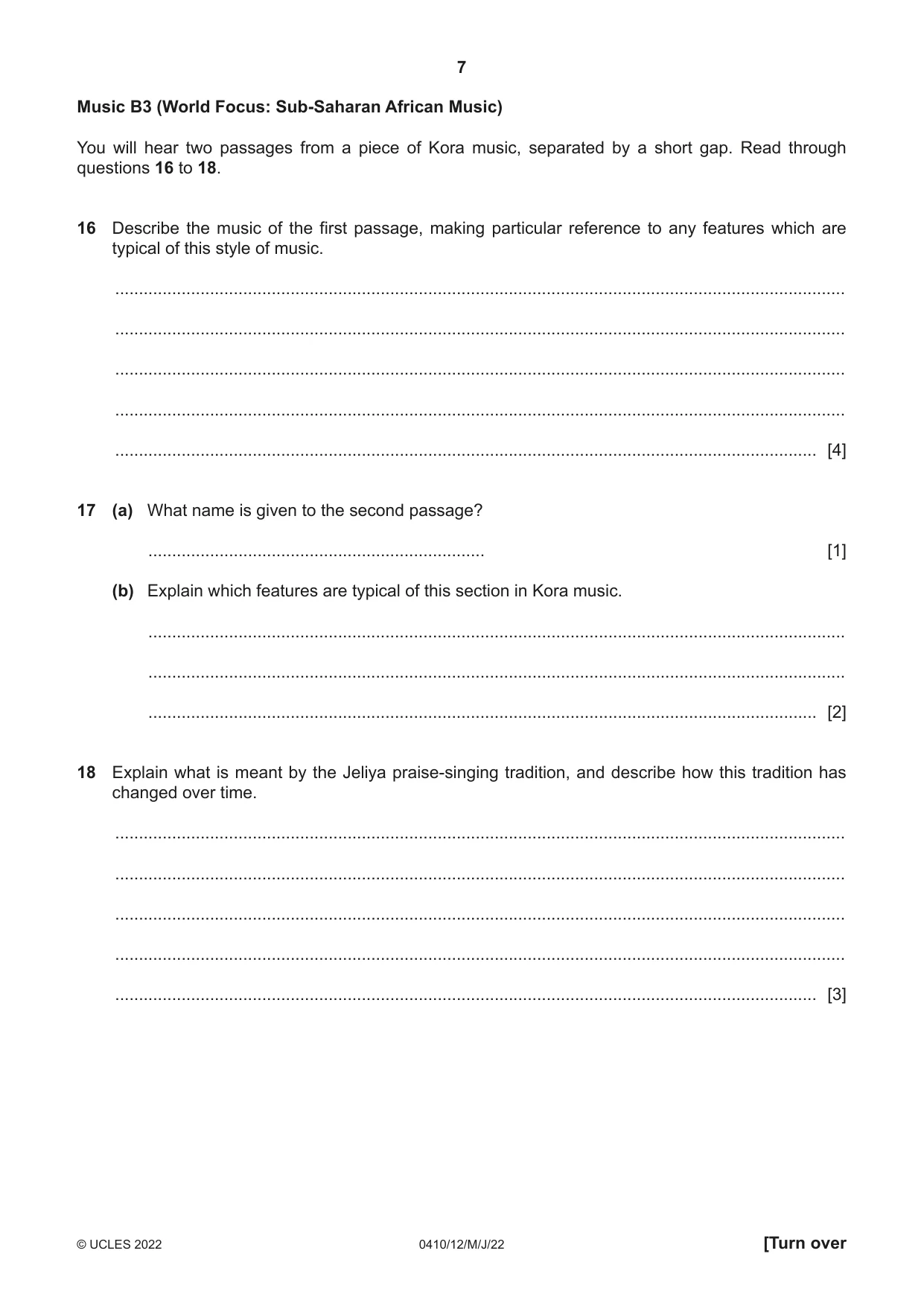 Cambridge IGCSE Music 0410 2022 May/June Paper 1 · Variant 2 question paper, page 7 of 16