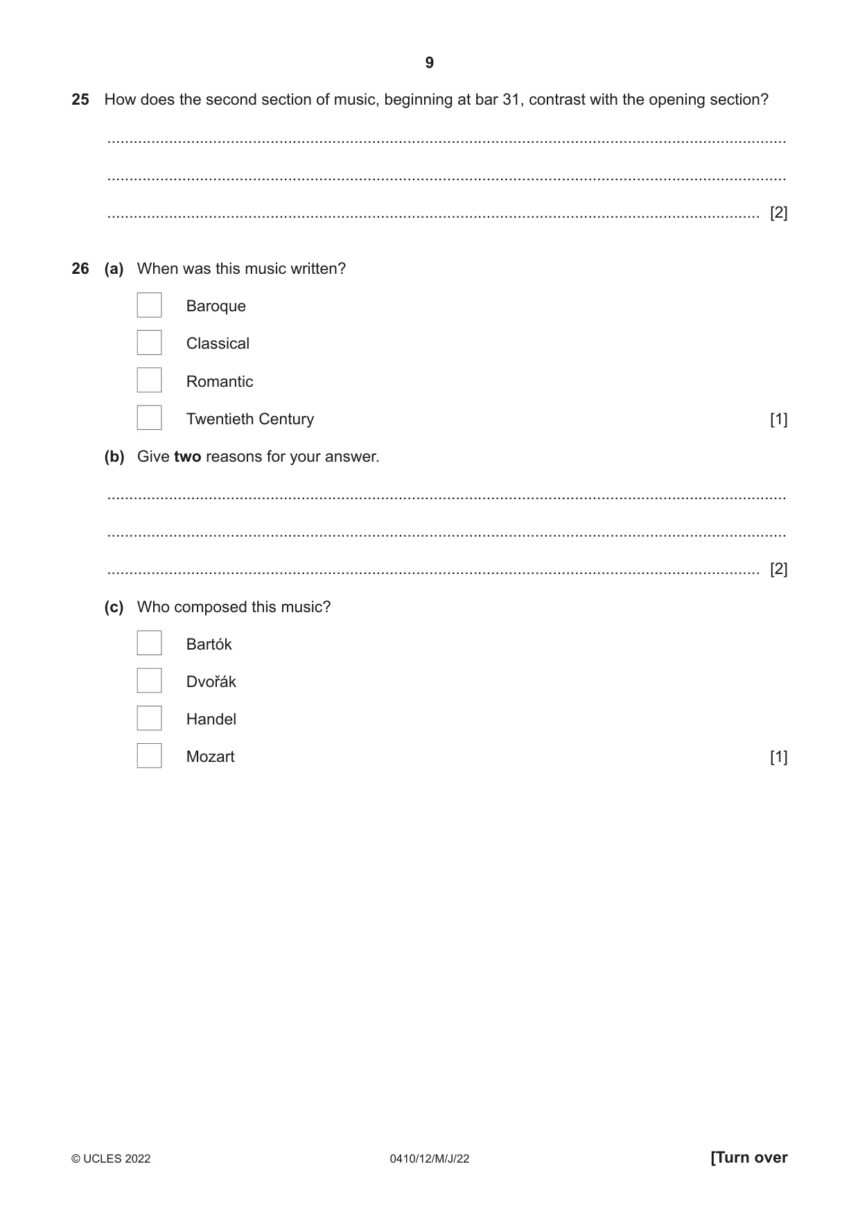 Cambridge IGCSE Music 0410 2022 May/June Paper 1 · Variant 2 question paper, page 9 of 16