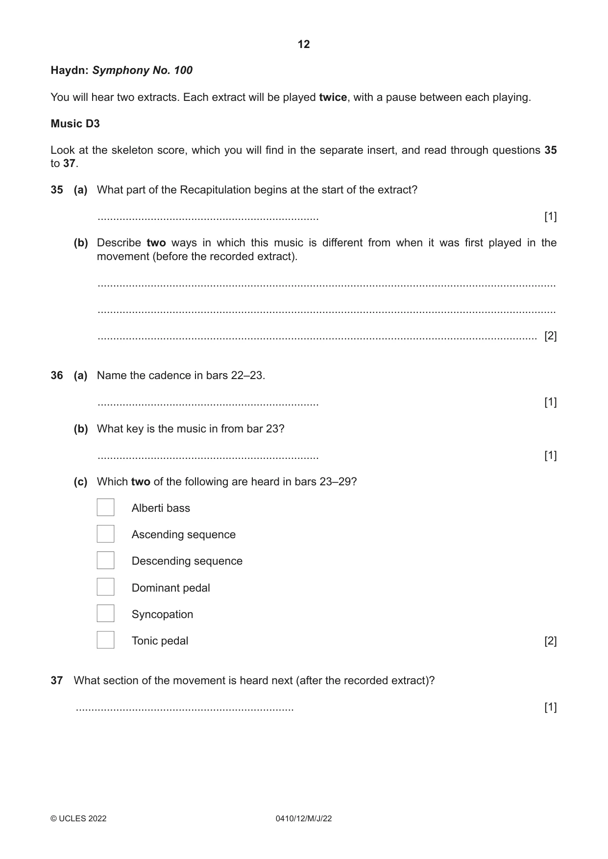 Cambridge IGCSE Music 0410 2022 May/June Paper 1 · Variant 2 question paper, page 12 of 16