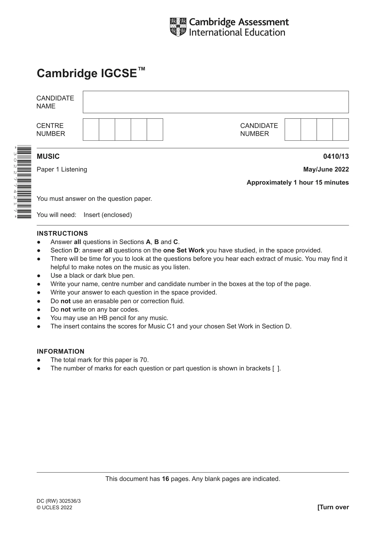 Cambridge IGCSE Music 0410 2022 May/June Paper 1 · Variant 3 question paper, page 1 of 16