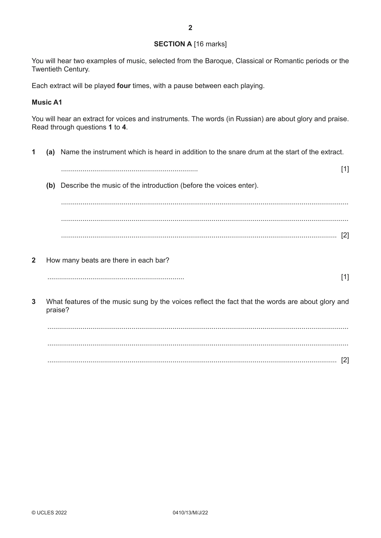 Cambridge IGCSE Music 0410 2022 May/June Paper 1 · Variant 3 question paper, page 2 of 16