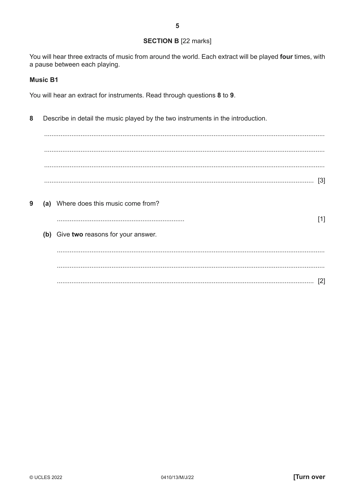 Cambridge IGCSE Music 0410 2022 May/June Paper 1 · Variant 3 question paper, page 5 of 16
